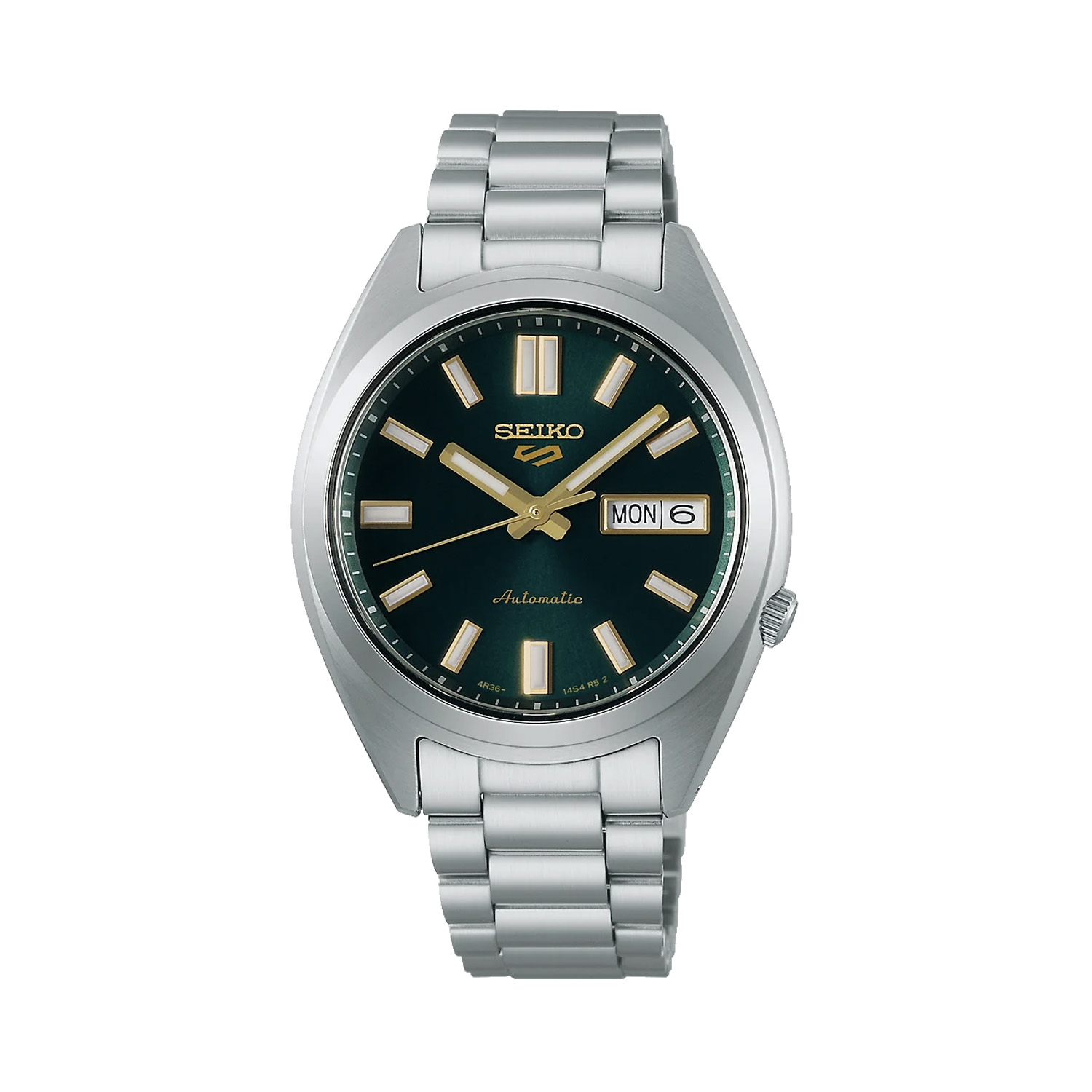 Seiko, 5 Sports SNXS Vintage Gold Collection 'Tie Green' with a 37.4mm stainless steel case and bracelet strap featuring a day date function and a green dial.