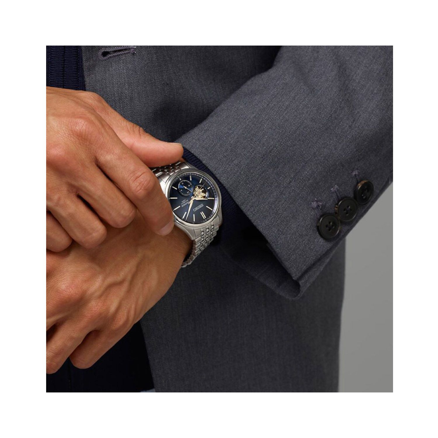 Seiko, Presage Classic Open Heart 'Ai-iro' Japan Blue with a 40.2mm stainless steel case and bracelet strap featuring a blue open heart dial.