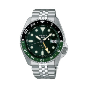 Seiko, 5 Sports SKX GMT with a 42.5mm stainless steel case and bracelet strap featuring a date function and a green dial with a black and green bezel.