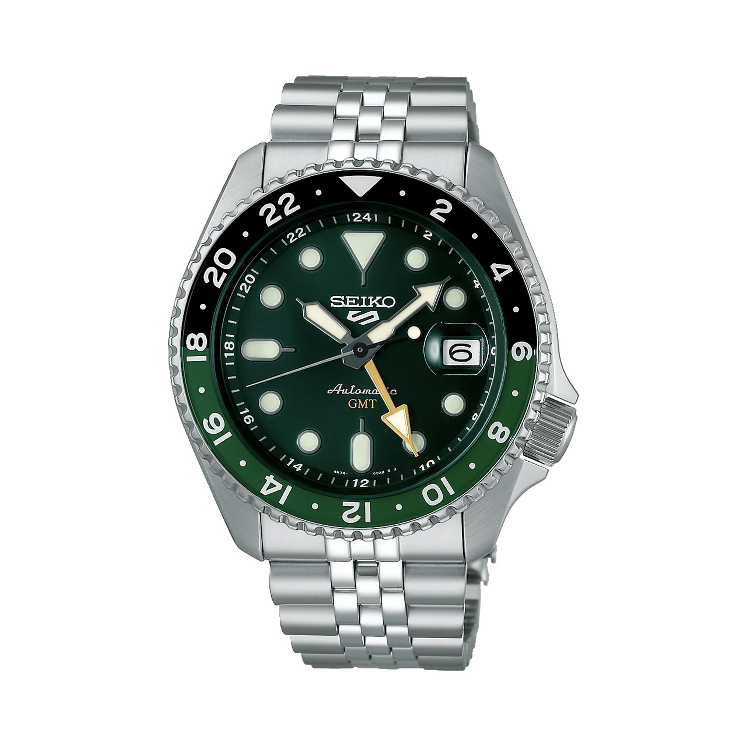 Seiko, 5 Sports SKX GMT with a 42.5mm stainless steel case and bracelet strap featuring a date function and a green dial with a black and green bezel.