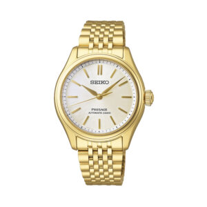 Seiko, Presage Classic Series ‘Shiro-iro’ with a 36mm stainless steel yellow gold PVD coated case and bracelet strap featuring a white dial.