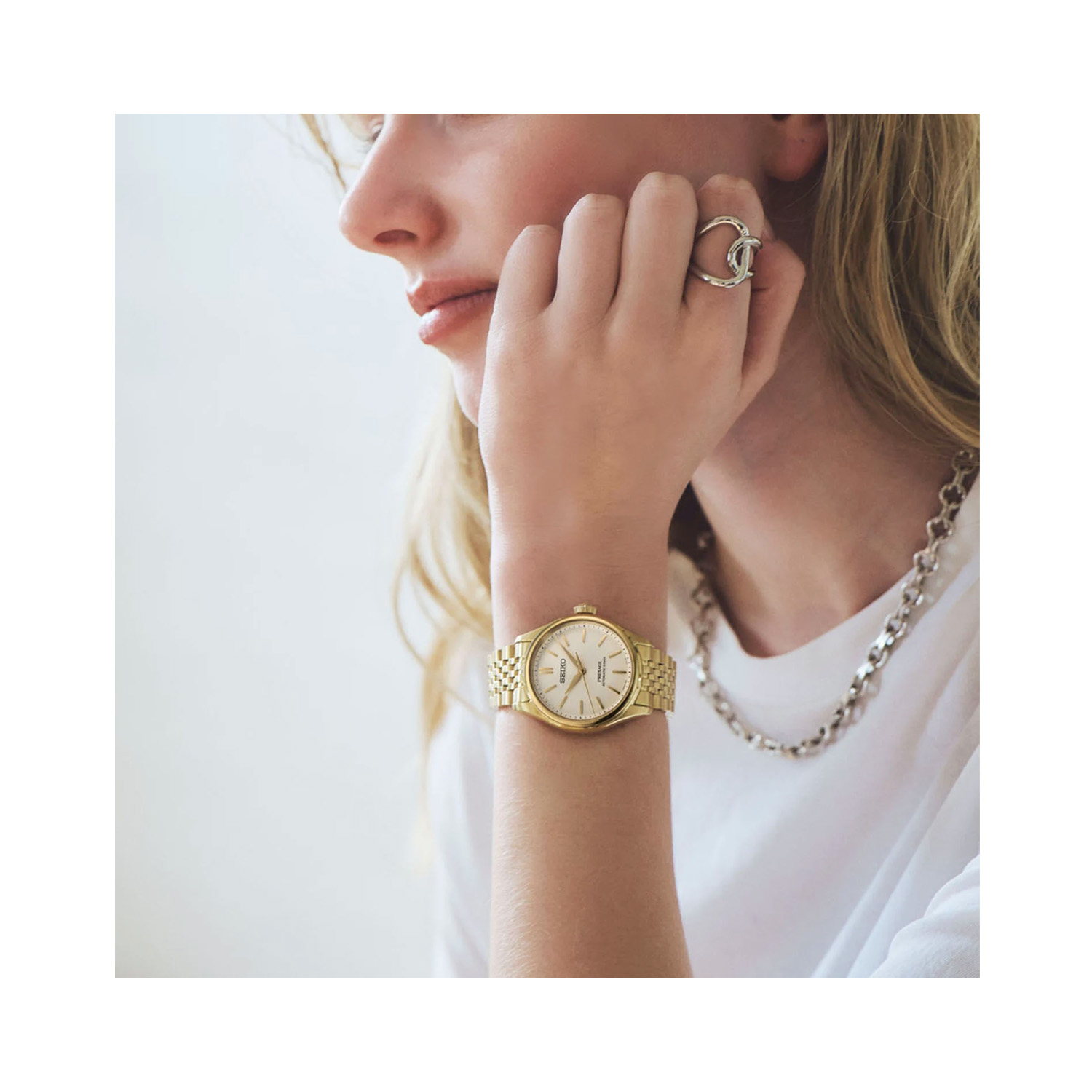 Seiko, Presage Classic Series ‘Shiro-iro’ with a 36mm stainless steel yellow gold PVD coated case and bracelet strap featuring a white dial.