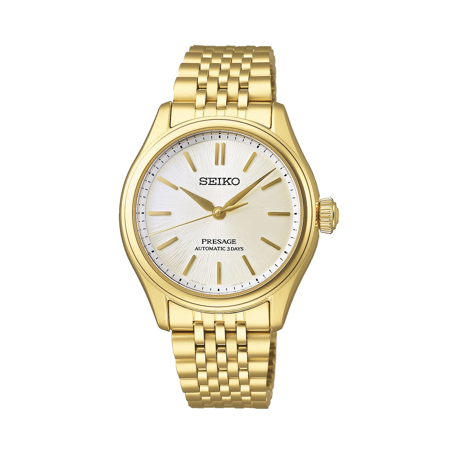 Seiko, Presage Classic Series ‘Shiro-iro’ with a 36mm stainless steel yellow gold PVD coated case and bracelet strap featuring a white dial.
