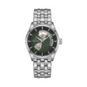 Hamilton, Jazzmaster Open Heart with a 42mm stainless steel case and bracelet strap featuring a green open heart dial.