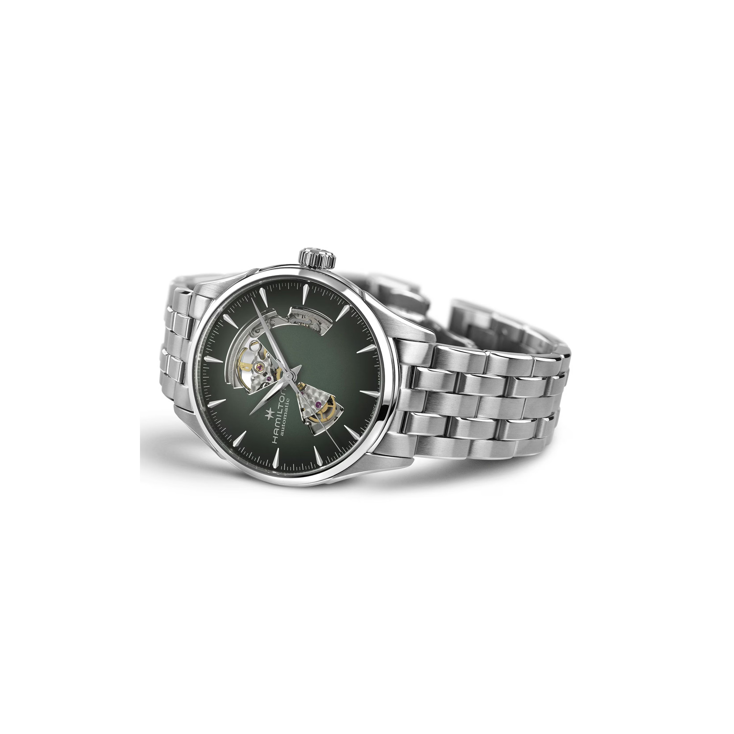 Hamilton, Jazzmaster Open Heart with a 42mm stainless steel case and bracelet strap featuring a green open heart dial.