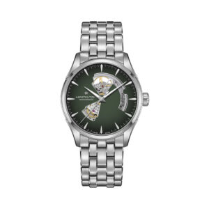 Hamilton, Jazzmaster Open Heart with a 42mm stainless steel case and bracelet strap featuring a green open heart dial.