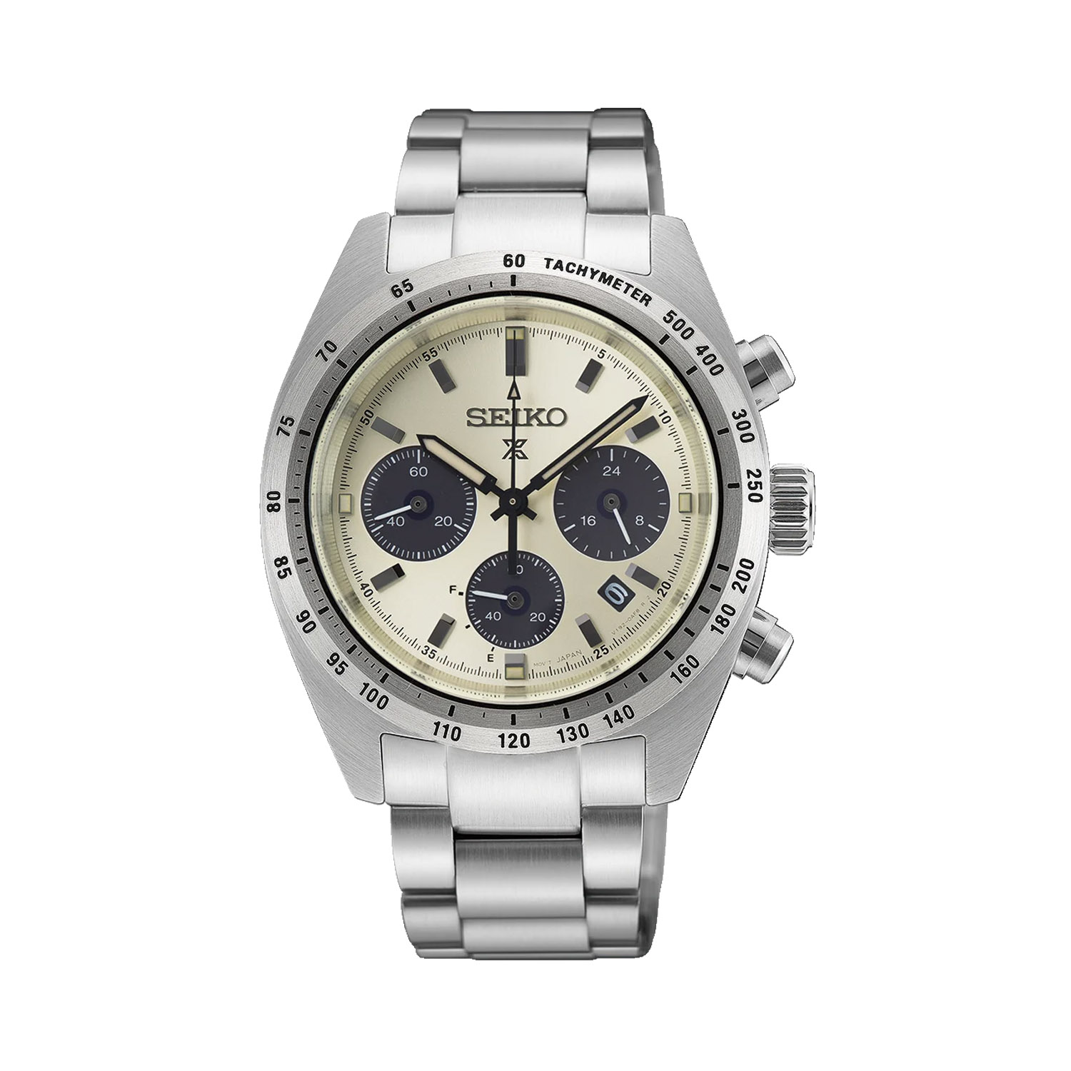 Seiko, Prospex Speedtimer ‘Motoring’ Limited Edition with a 39mm stainless steel case and bracelet strap featuring a date function, chronograph and a cream coloured dial.