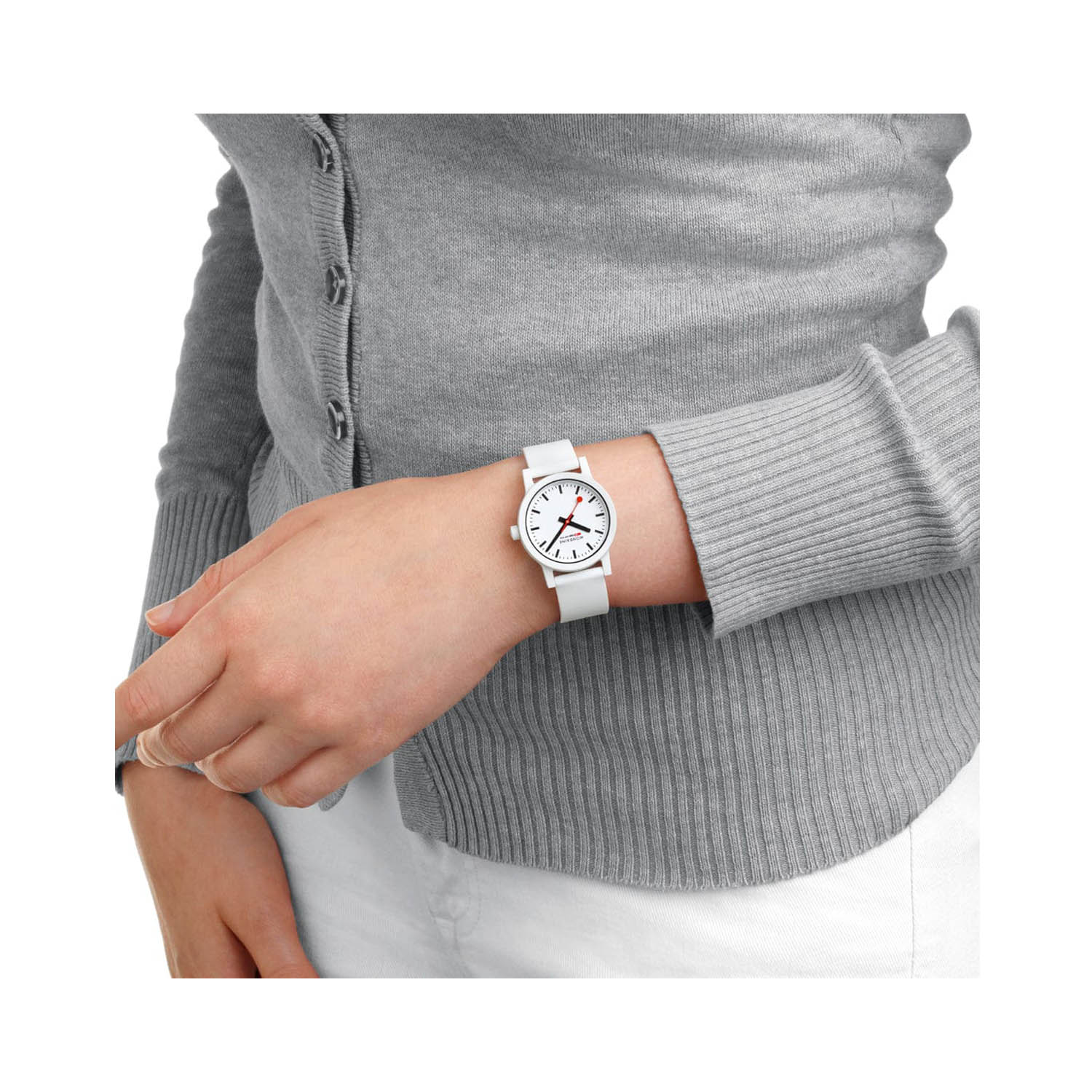 Mondaine, Essence White Dial & Strap, Quartz Women's Watch Mondaine, Essence with a 32mm caster oil case and a white silicone strap featuring a white dial.