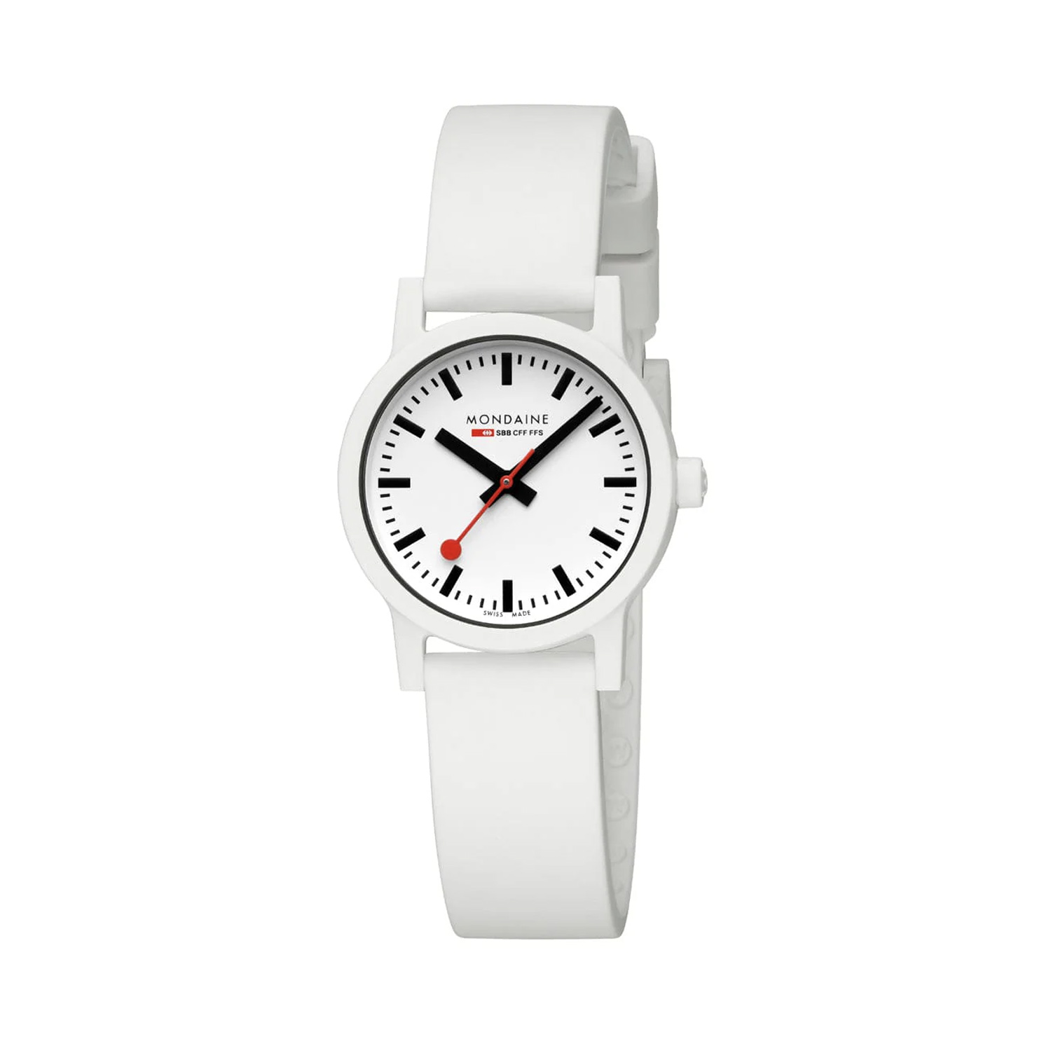 Mondaine, Essence White Dial & Strap, Quartz Women's Watch Mondaine, Essence with a 32mm caster oil case and a white silicone strap featuring a white dial.