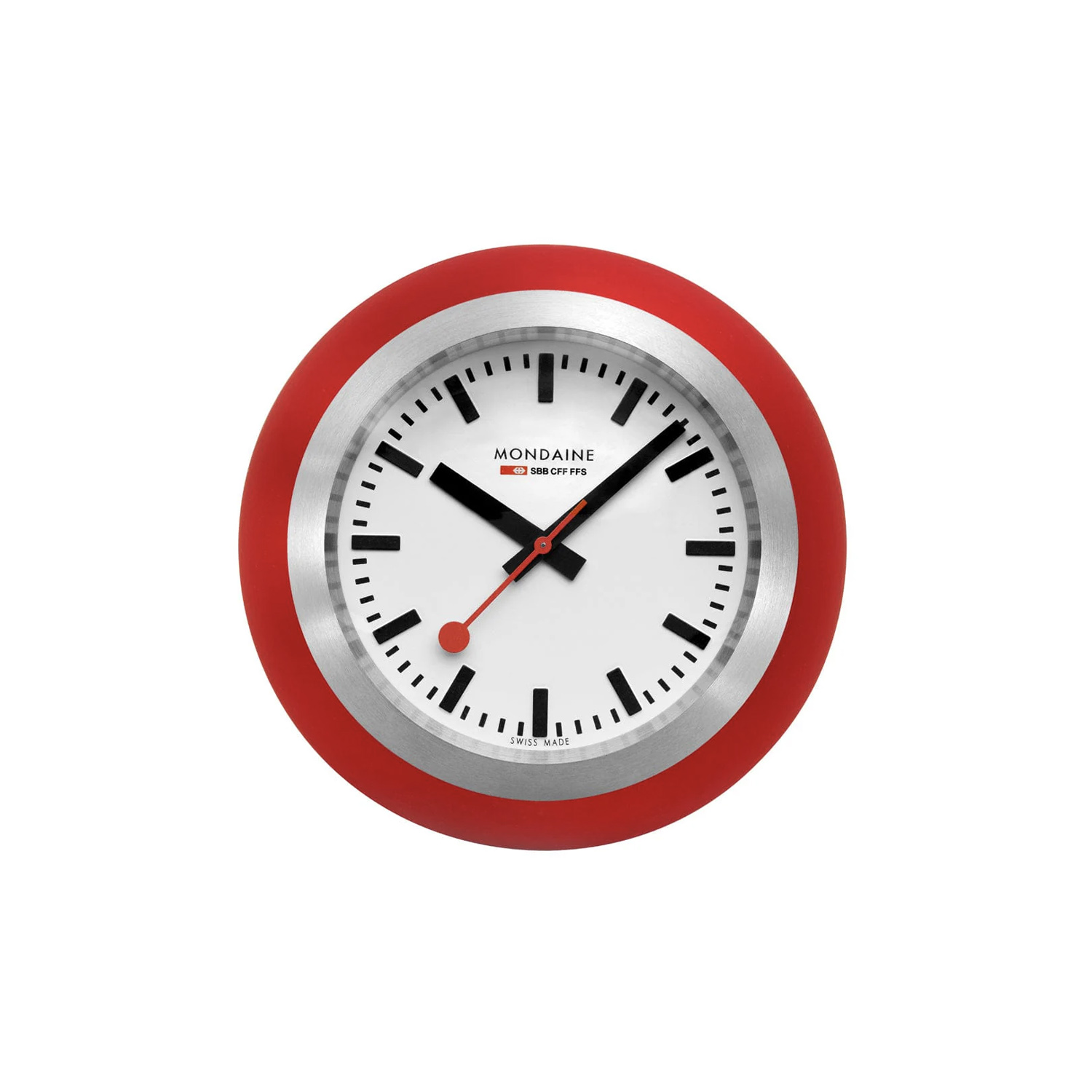 Mondaine, Globe Clock in red with a 60mm stainless steel and red silicone outer case featuring a white dial.