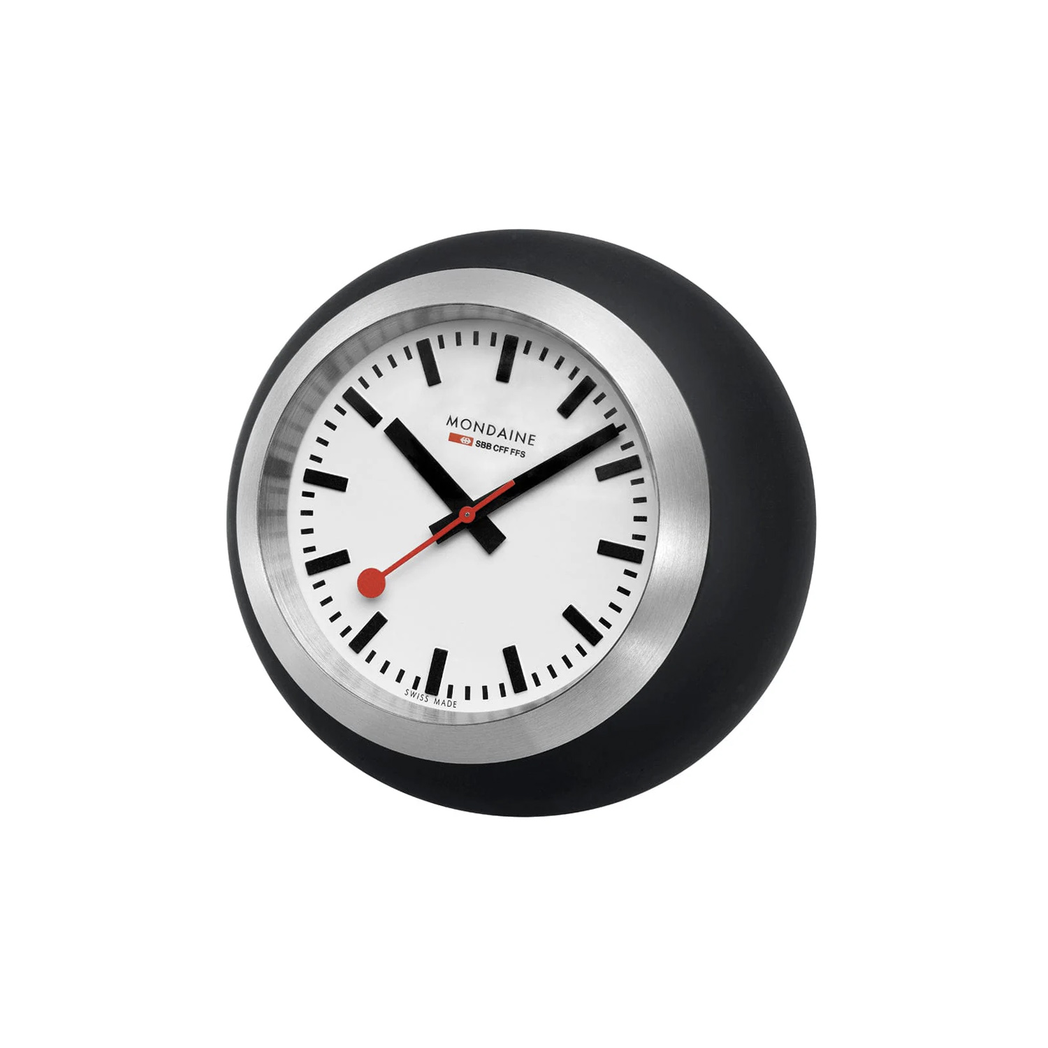 Mondaine, Globe Clock in black with a 60mm stainless steel and black silicone outer case featuring a white dial.