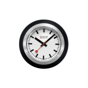 Mondaine, Globe Clock in black with a 60mm stainless steel and black silicone outer case featuring a white dial.