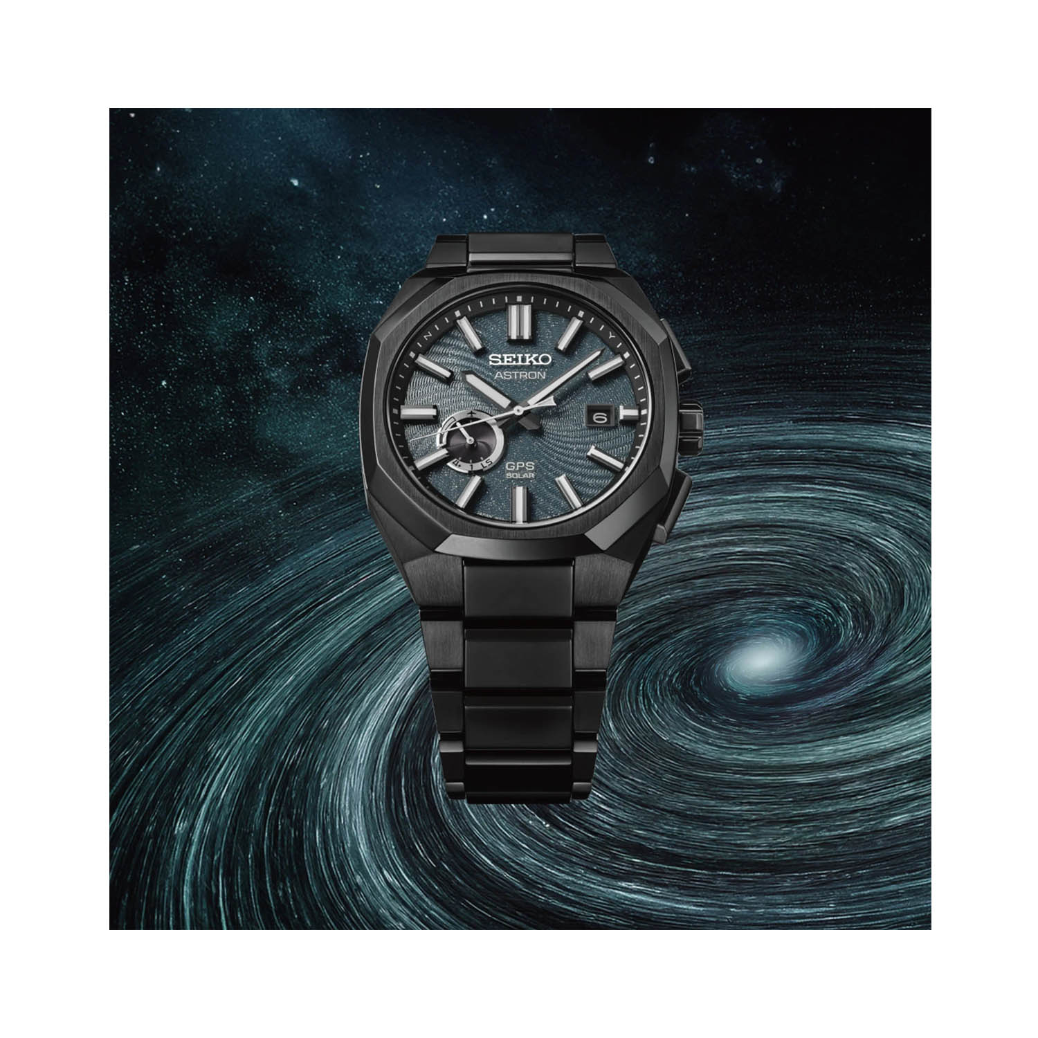 Seiko, Astron GPS ‘Spiral Galaxy’ Limited Edition with a 41.2mm titanium case and bracelet strap featuring a GPS and a date function with a dark turquoise dial.