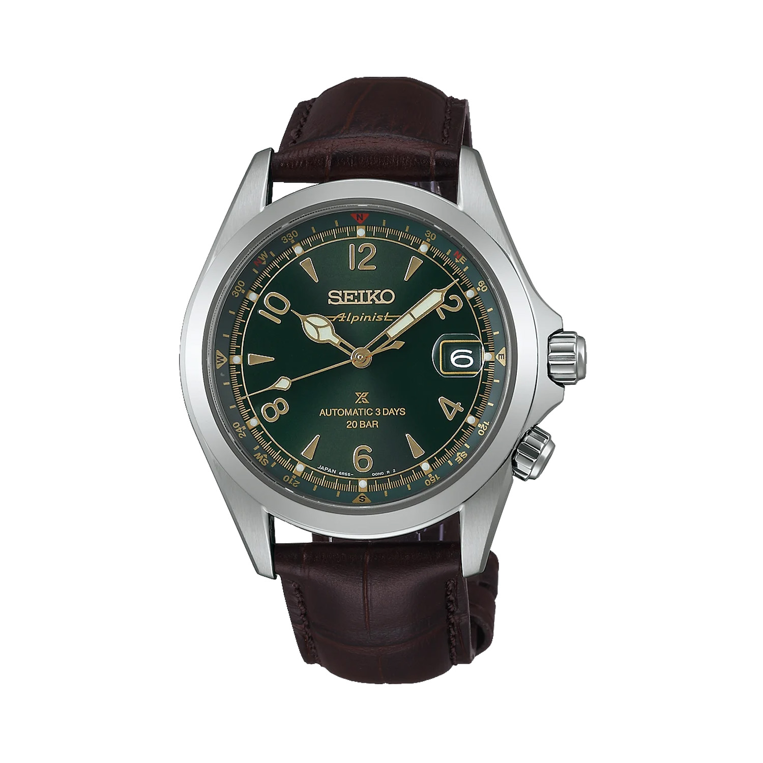 Seiko, Prospex Alpinist Classic Pine Green with a 39.5mm stainless steel case and a brown leather strap featuring a date function and a pine green dial.