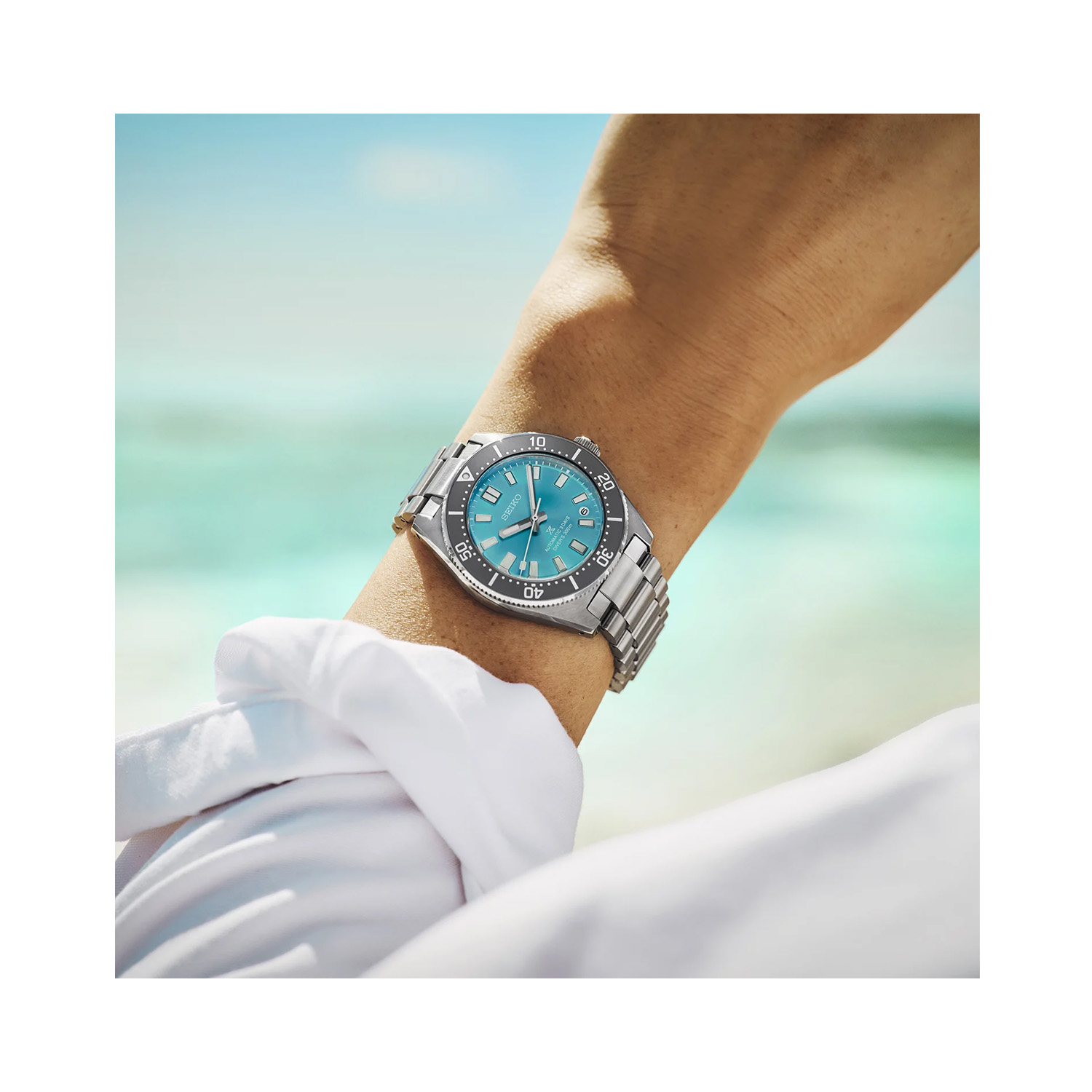 Seiko, Prospex 1965 Heritage Diver 'Tranquil Teal' Limited Edition, Automatic Men's Watch Seiko, Prospex 1965 Heritage Diver 'Tranquil Teal' Save The Ocean Limited Edition with a 40mm stainless steel case and bracelet strap featuring date function with a teal dial and a grey bezel.