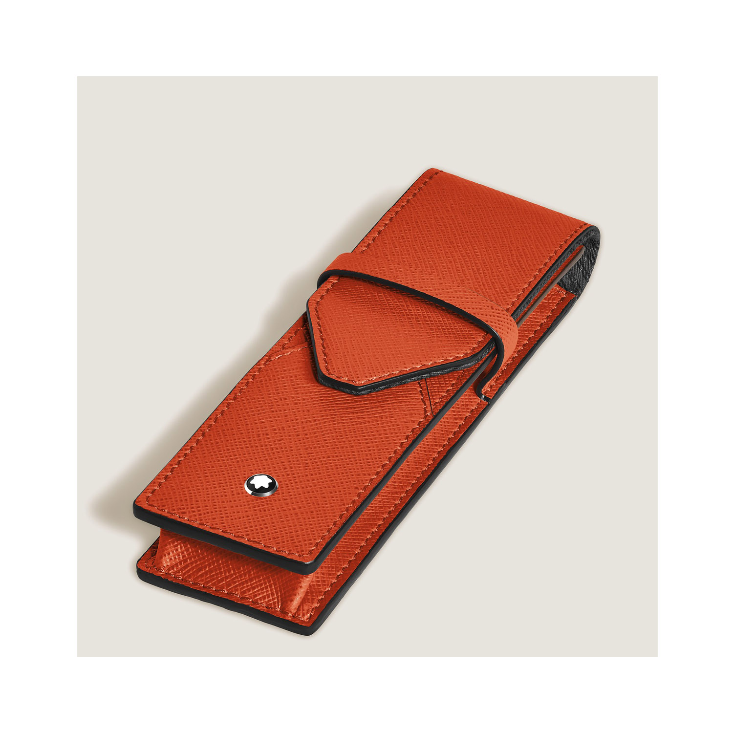 A Montblanc, Envelope pen pouch crafted in vibrant tangerine Saffiano-printed leather with space for two writing instruments and finished with the Montblanc emblem.