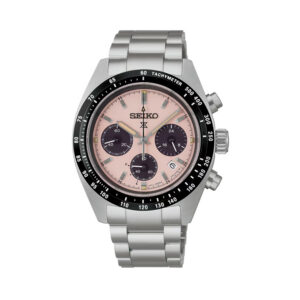 Seiko, Prospex Speedtimer Pale Pink with a 39mm stainless steel case and bracelet strap featuring a chronograph and a date function with a pale pink dial.