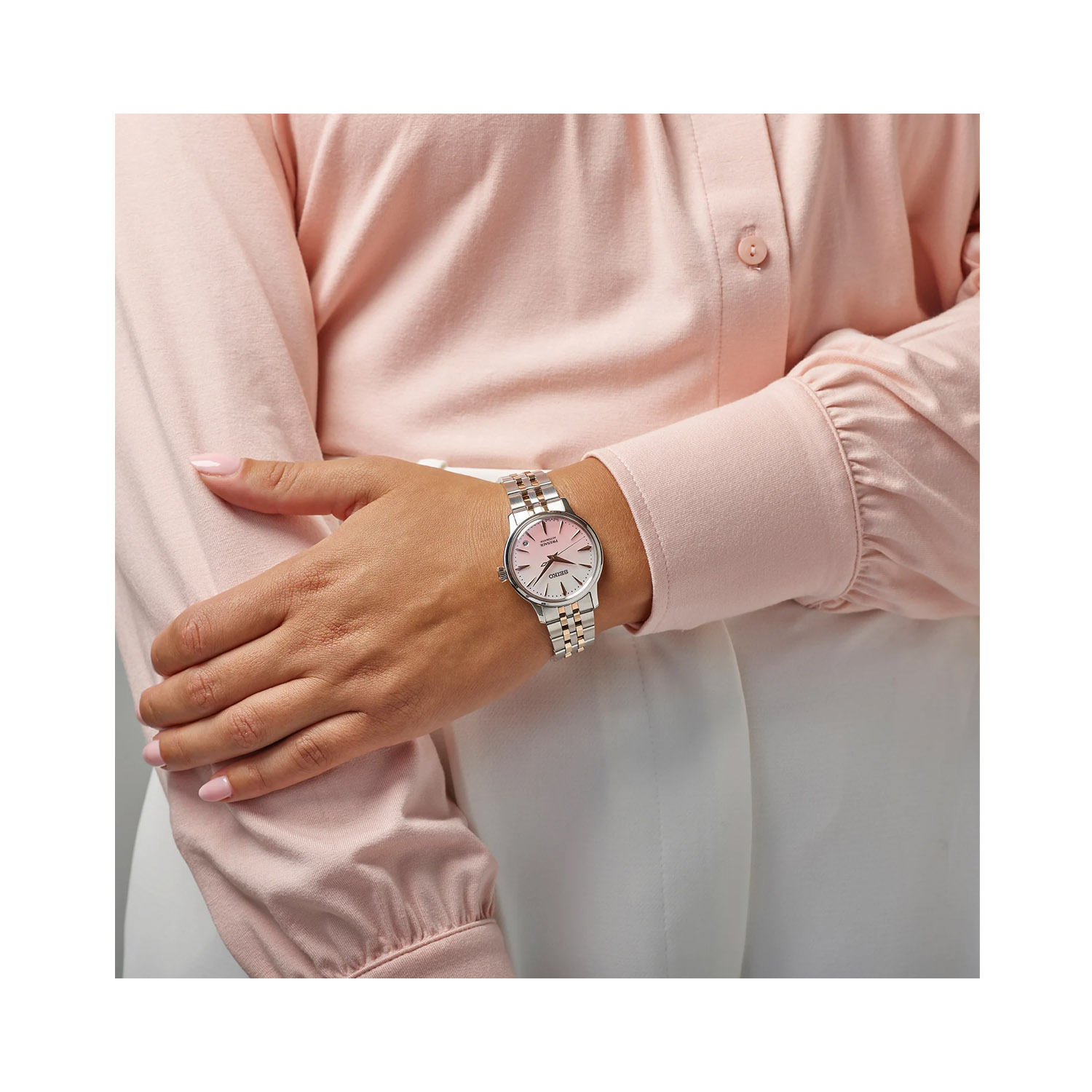 Seiko, Presage Cocktail Time 'Springtime' Limited Edition with a 34mm stainless steel and two tone rose gold PVD coated case and bracelet strap featuring a date function and a pink mother of pearl dial.