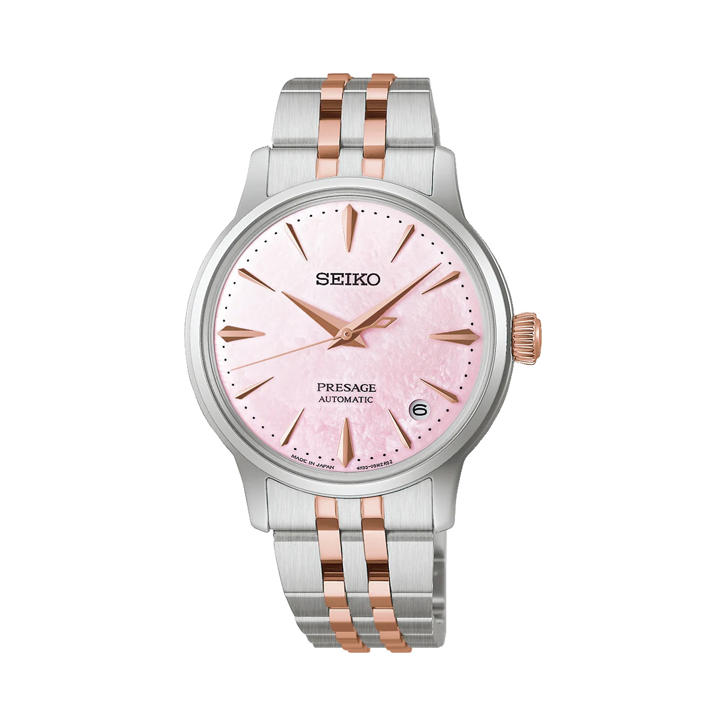 Seiko, Presage Cocktail Time 'Springtime' Limited Edition with a 34mm stainless steel and two tone rose gold PVD coated case and bracelet strap featuring a date function and a pink mother of pearl dial.