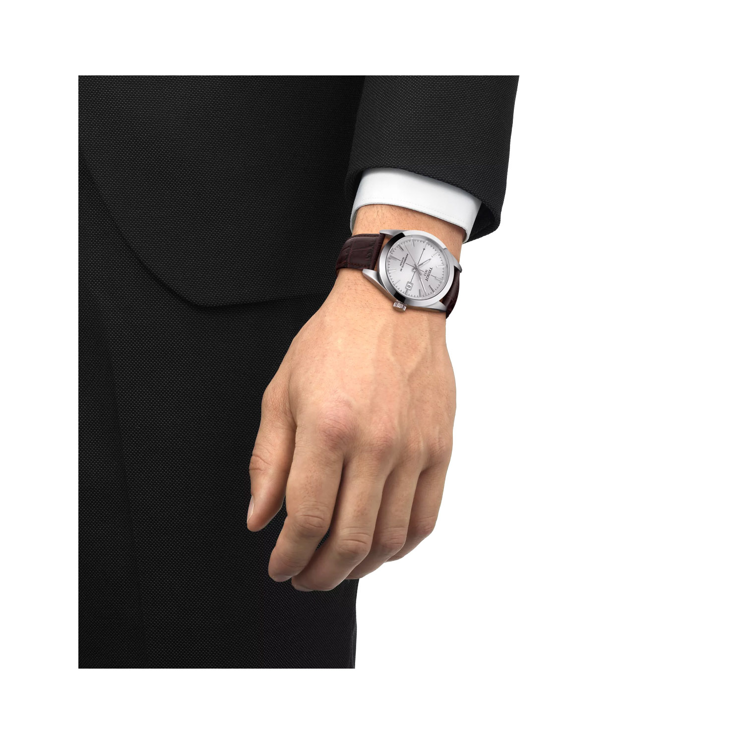 Tissot, Gentleman with a 40mm stainless steel case and a brown leather strap featuring a date function and a silver dial.