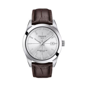 Tissot, Gentleman with a 40mm stainless steel case and a brown leather strap featuring a date function and a silver dial.