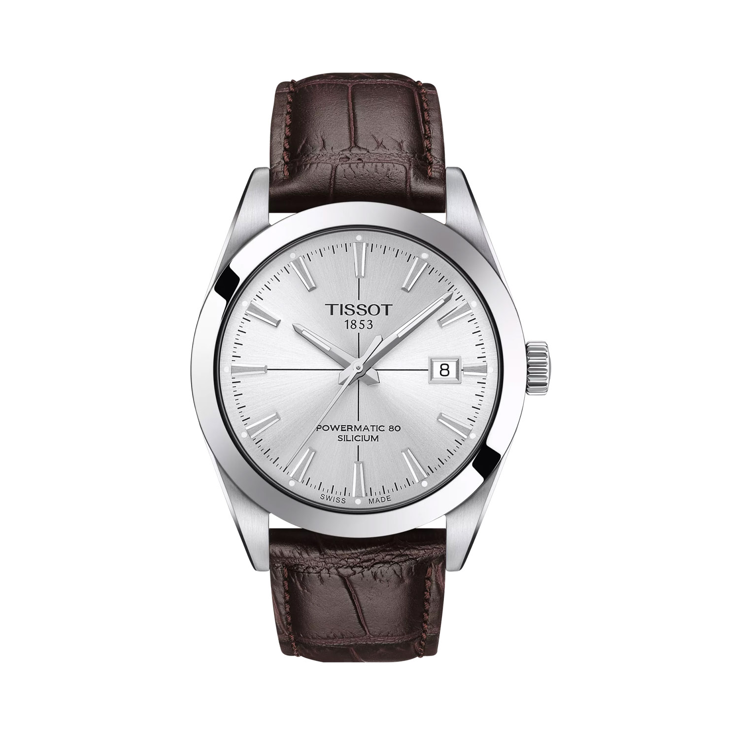 Tissot, Gentleman with a 40mm stainless steel case and a brown leather strap featuring a date function and a silver dial.