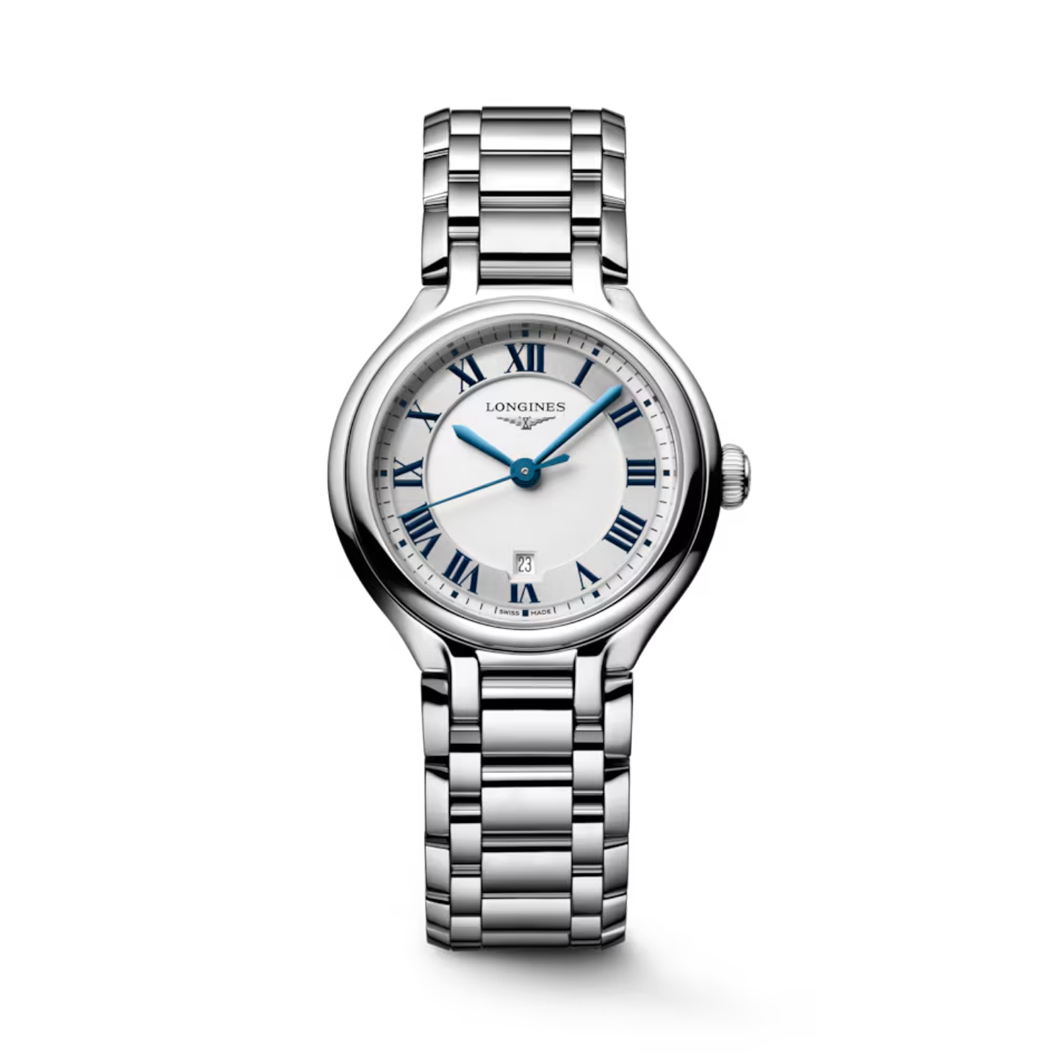 Longines, PrimaLuna with a 30mm stainless steel case and bracelet strap featuring a date function and a sunray silver coloured dial.