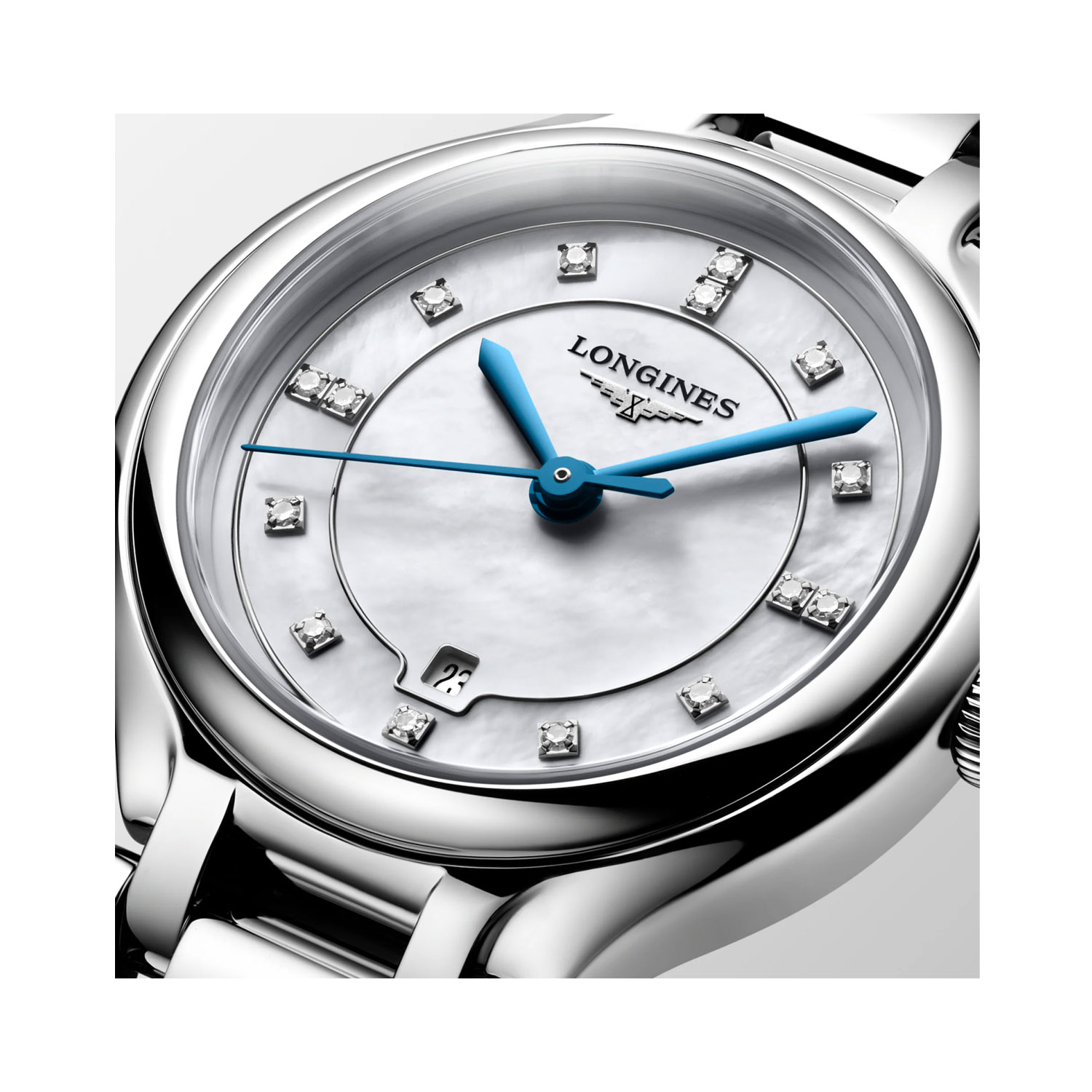 Longines, PrimaLuna Mother of Pearl & Diamond Dial, Quartz Women's Watch Longines, PrimaLuna with a 30mm stainless steel case and bracelet strap featuring a date function and a diamond set mother of pearl dial.