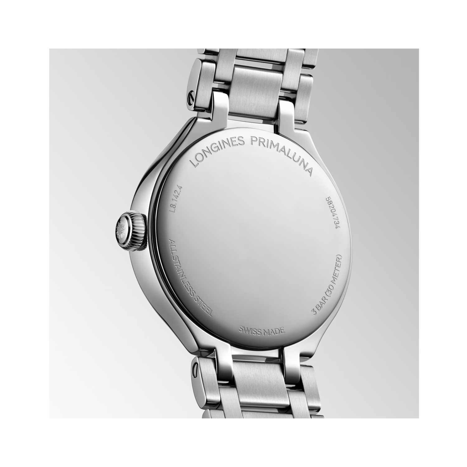 Longines, PrimaLuna Mother of Pearl & Diamond Dial, Quartz Women's Watch Longines, PrimaLuna with a 30mm stainless steel case and bracelet strap featuring a date function and a diamond set mother of pearl dial.