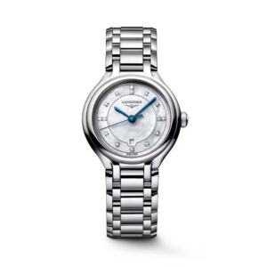 Longines, PrimaLuna with a 30mm stainless steel case and bracelet strap featuring a date function and a diamond set mother of pearl dial.