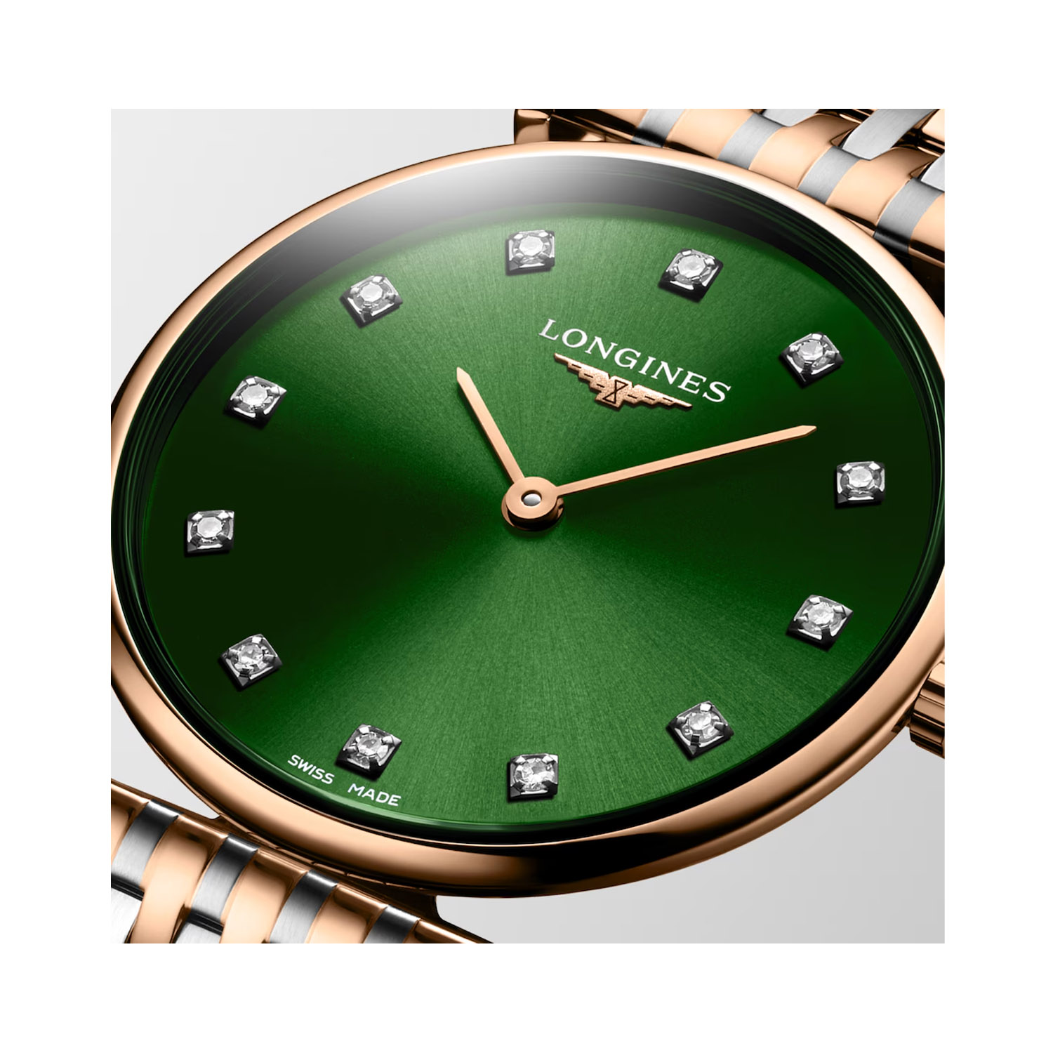 Longines, La Grande Classique with a 29mm stainless steel and rose gold PVD coated case and bracelet strap featuring a sunray green diamond set dial.