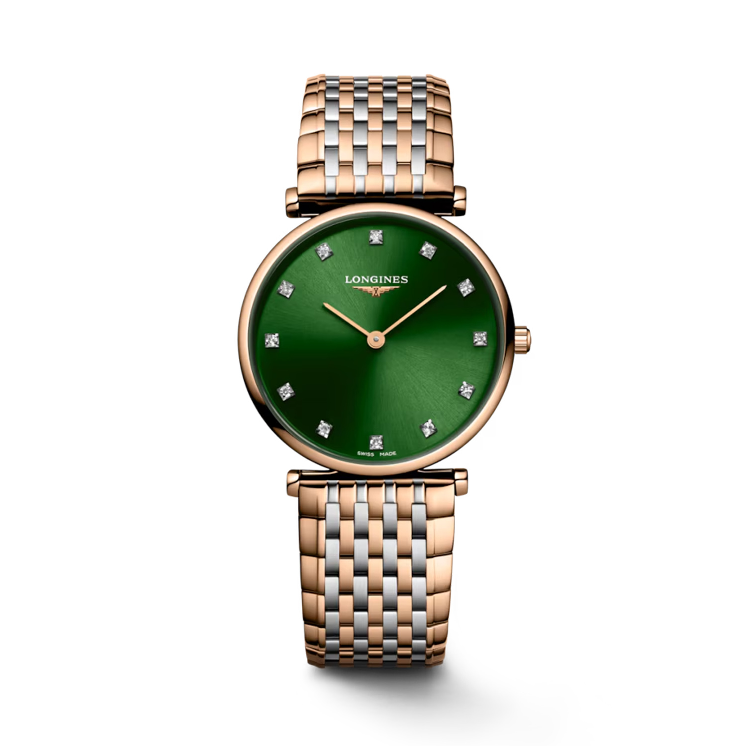 Longines, La Grande Classique with a 29mm stainless steel and rose gold PVD coated case and bracelet strap featuring a sunray green diamond set dial.