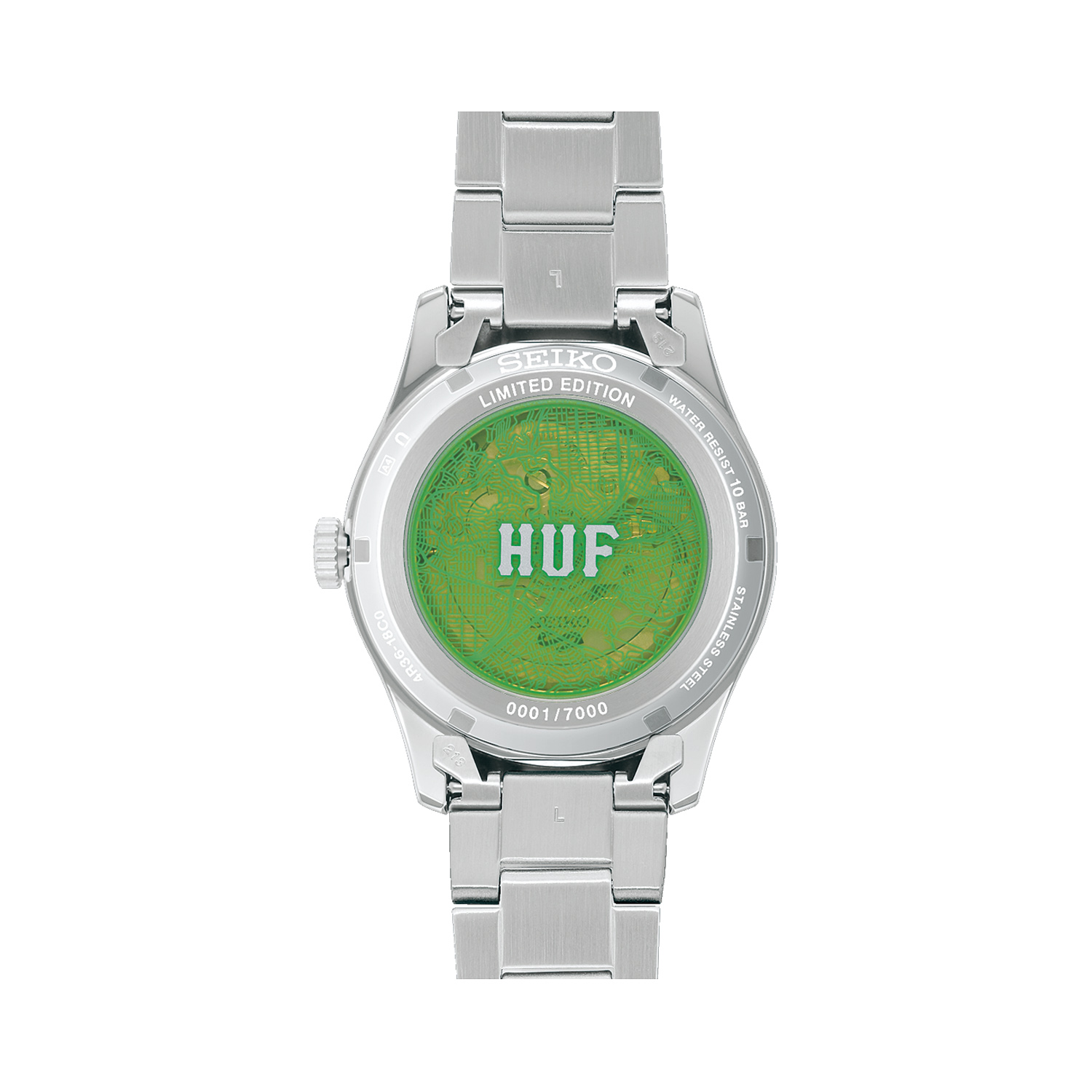 Seiko, 5 Sports HUF Limited Edition with a 39.4mm stainless steel case and bracelet strap featuring a day date function and a green dial.