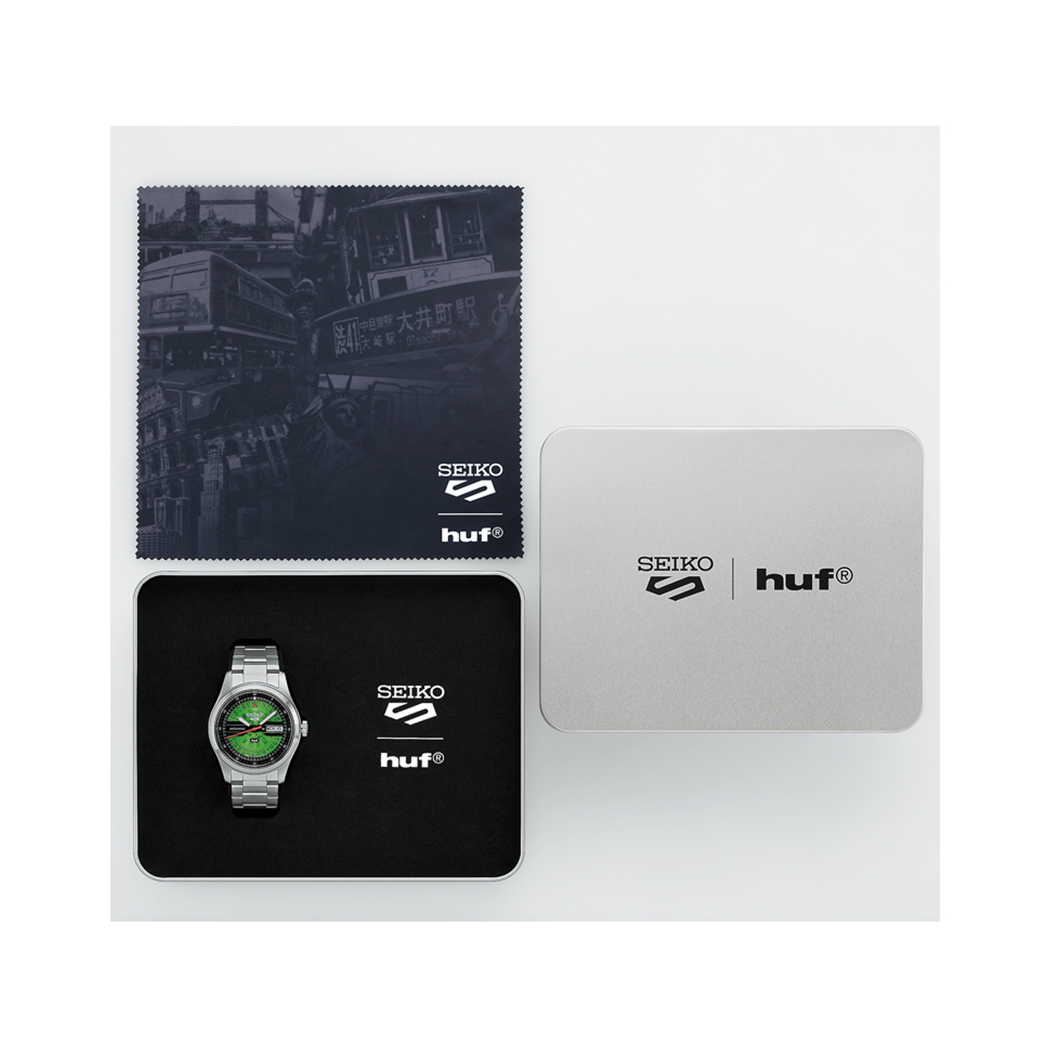 Seiko, 5 Sports HUF Limited Edition with a 39.4mm stainless steel case and bracelet strap featuring a day date function and a green dial.