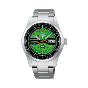 Seiko, 5 Sports HUF Limited Edition with a 39.4mm stainless steel case and bracelet strap featuring a day date function and a green dial.