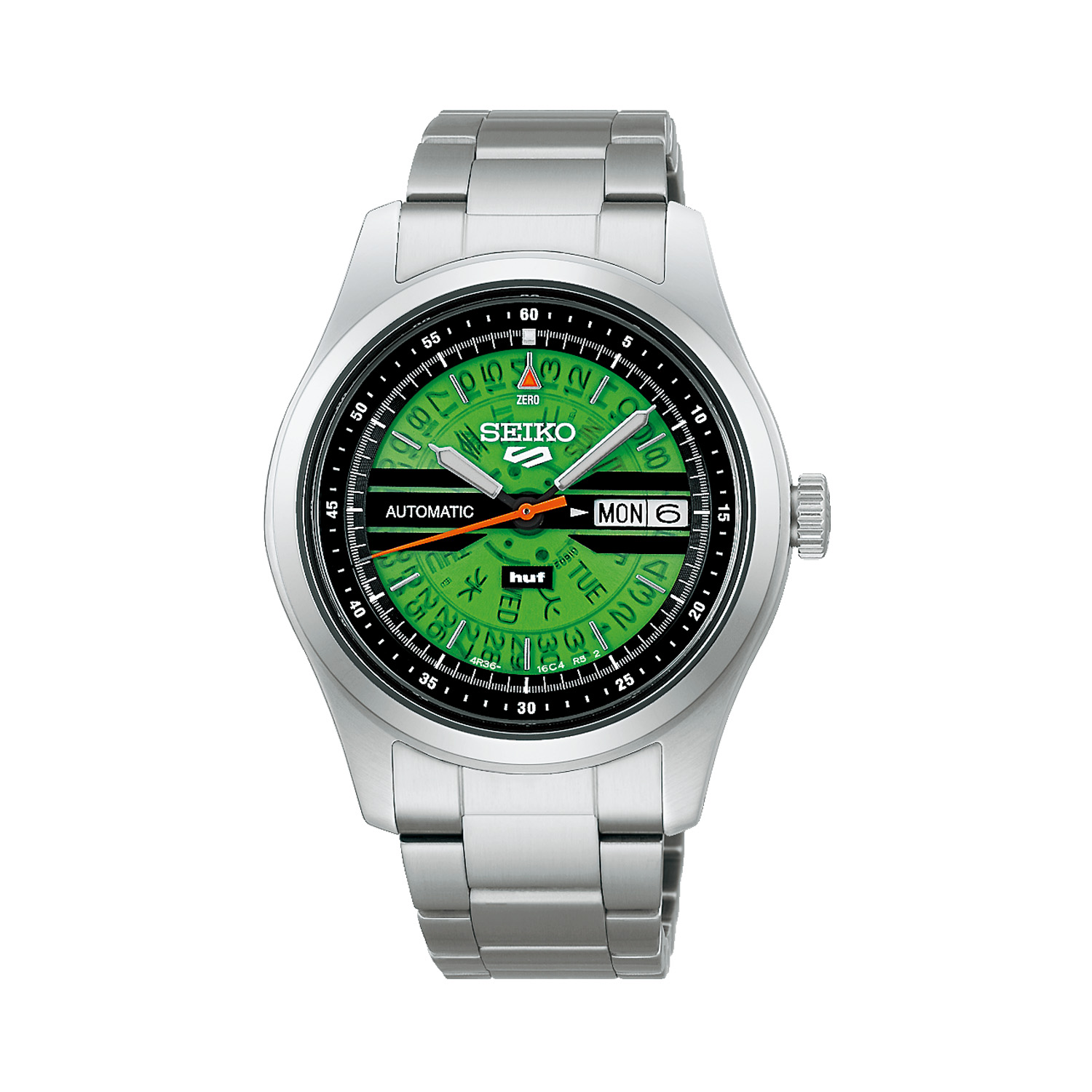 Seiko, 5 Sports HUF Limited Edition with a 39.4mm stainless steel case and bracelet strap featuring a day date function and a green dial.