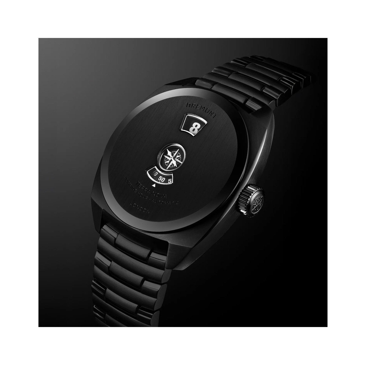 Bremont, Terra Nova 38 Jumping House Stealth Black with a black DLC coated 38mm stainless steel case and bracelet strap featuring a three window black dial.