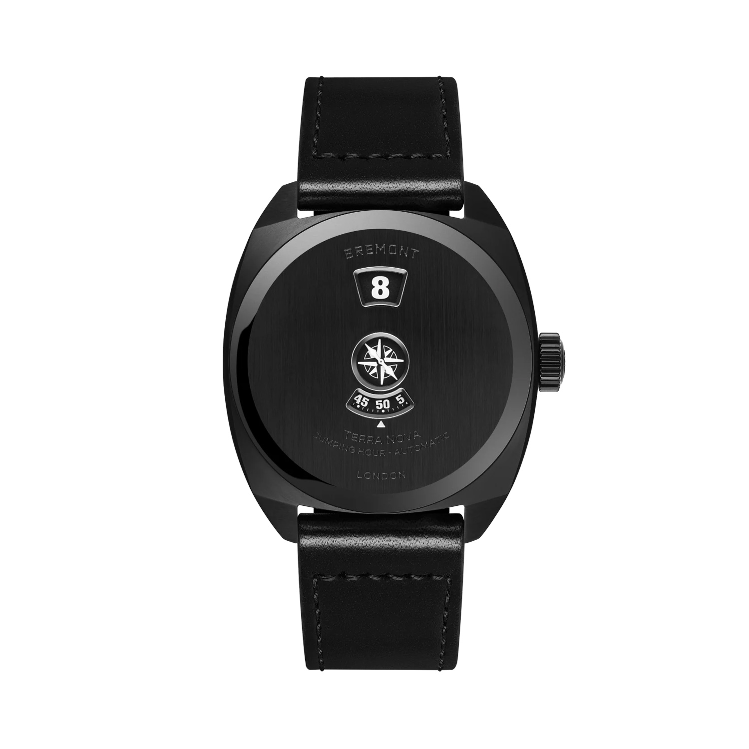 Bremont, Terra Nova 38 Jumping Hour Stealth Black Leather Strap, Automatic Men's Watch Bremont, Terra Nova 38 Jumping Hour Stealth Black with a 38mm black DLC coated stainless steel case and a leather bund strap featuring a three window black dial.