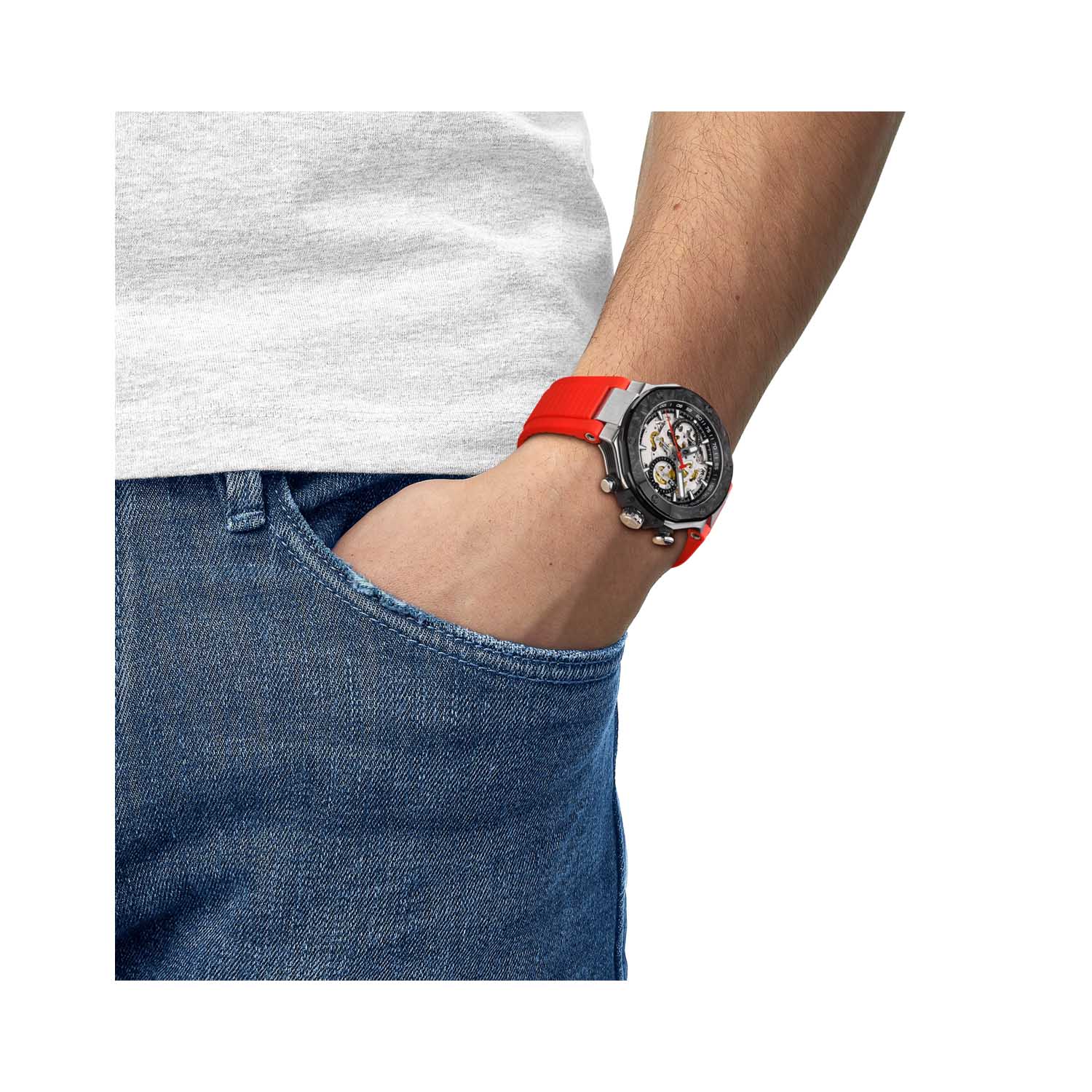 Tissot, T-Race MotoGP 2026 Limited Editon, Automatic Men's Watch Tissot, T-Race MotoGP 2026 Limited Editon with a 45mm stainless steel case and red synthetic strap featuring a chronograph and an open dial.