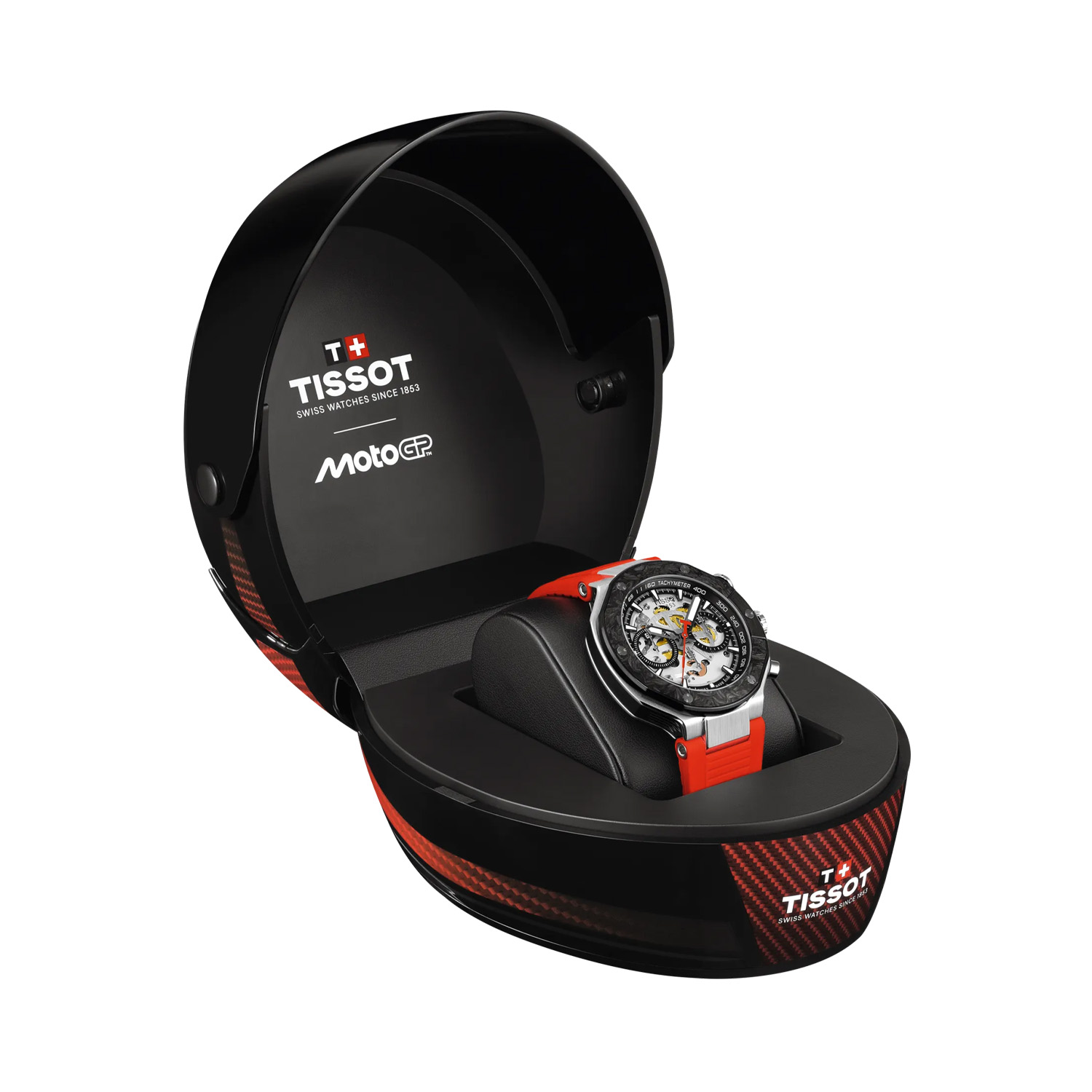 Tissot, T-Race MotoGP 2026 Limited Editon, Automatic Men's Watch Tissot, T-Race MotoGP 2026 Limited Editon with a 45mm stainless steel case and red synthetic strap featuring a chronograph and an open dial.