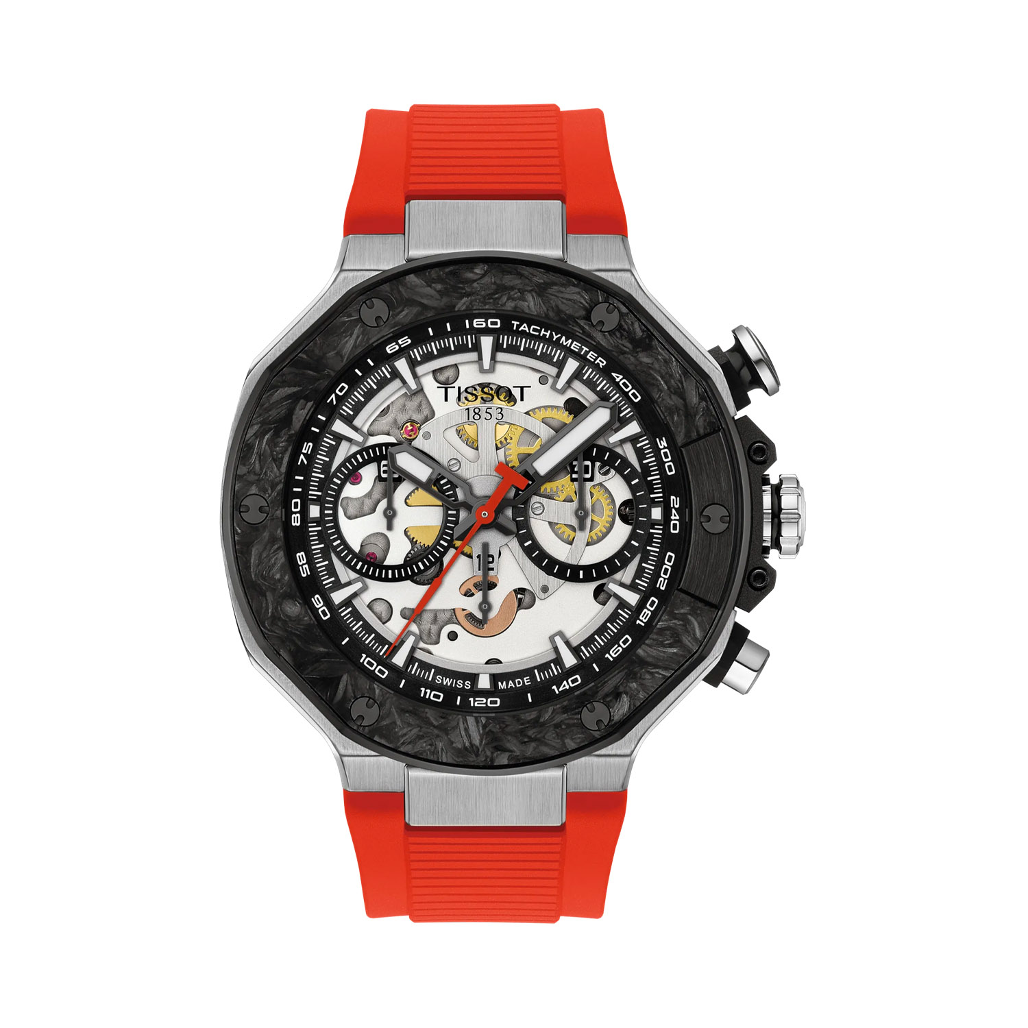 Tissot, T-Race MotoGP 2026 Limited Editon, Automatic Men's Watch Tissot, T-Race MotoGP 2026 Limited Editon with a 45mm stainless steel case and red synthetic strap featuring a chronograph and an open dial.