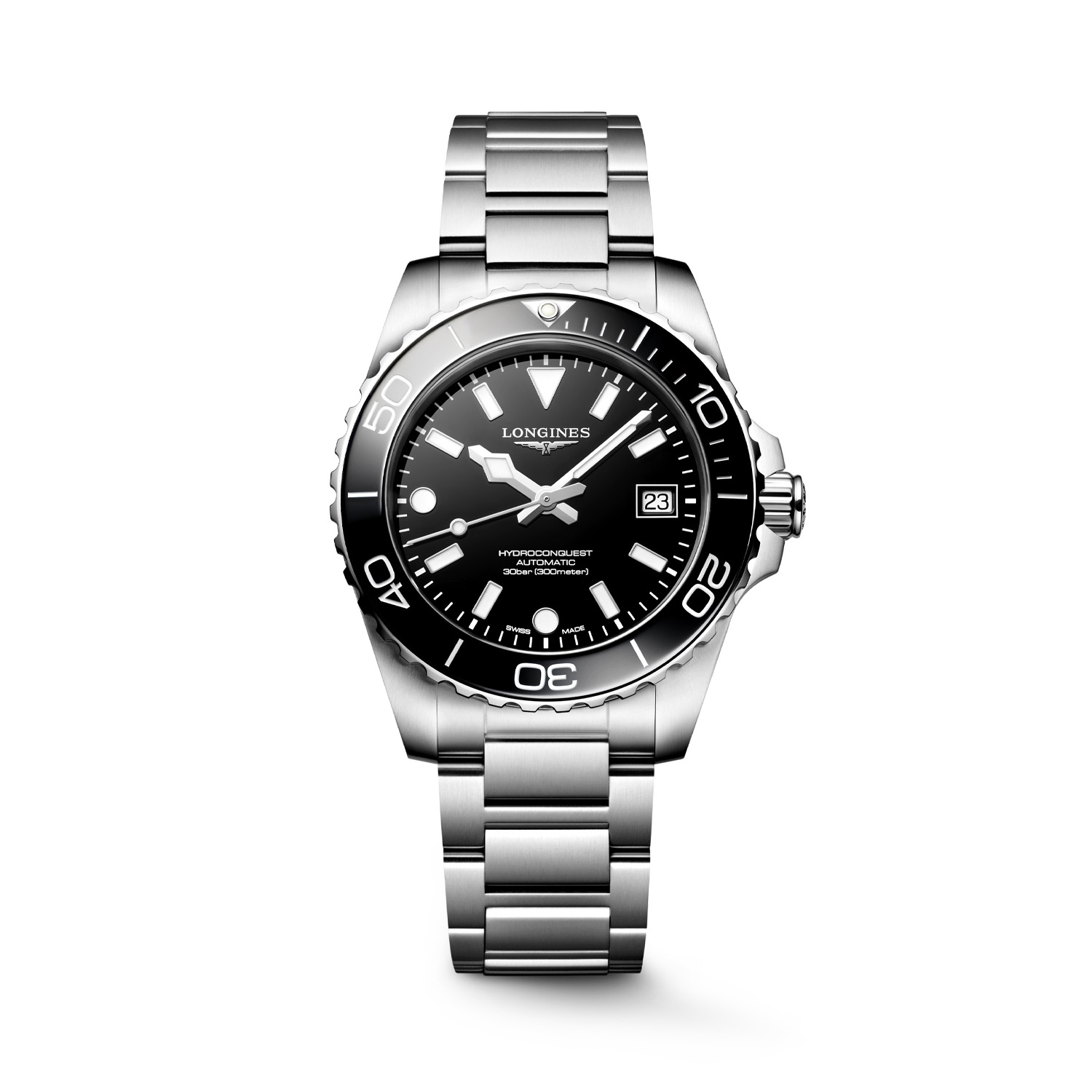Longines, HydroConquest Black Dial & Bezel, Automatic Men's Watch Longines, HydroConquest with a 39mm stainless steel case and bracelet strap featuring a date function with a black dial and bezel.