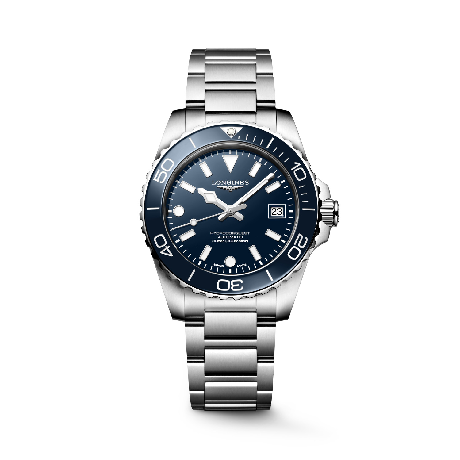 Longines, HydroConquest Blue Dial & Bezel, Automatic Men's Watch Longines, HydroConquest with a 39mm stainless steel case and bracelet strap featuring a date function and a blue dial and bezel.