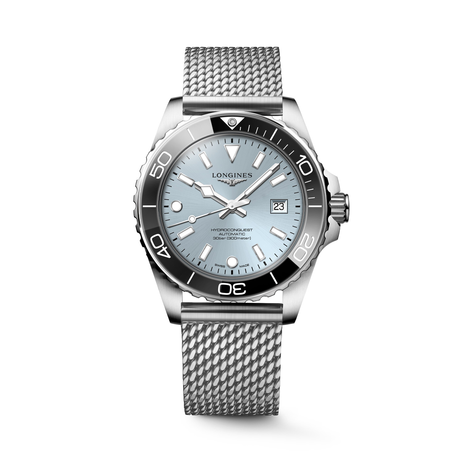 Longines, HydroConquest Frosted Blue Dial, Automatic Men's Watch Longines, HydroConquest with a 42mm stainless steel case and bracelet strap featuring a date function and a frosted blue dial and black bezel.