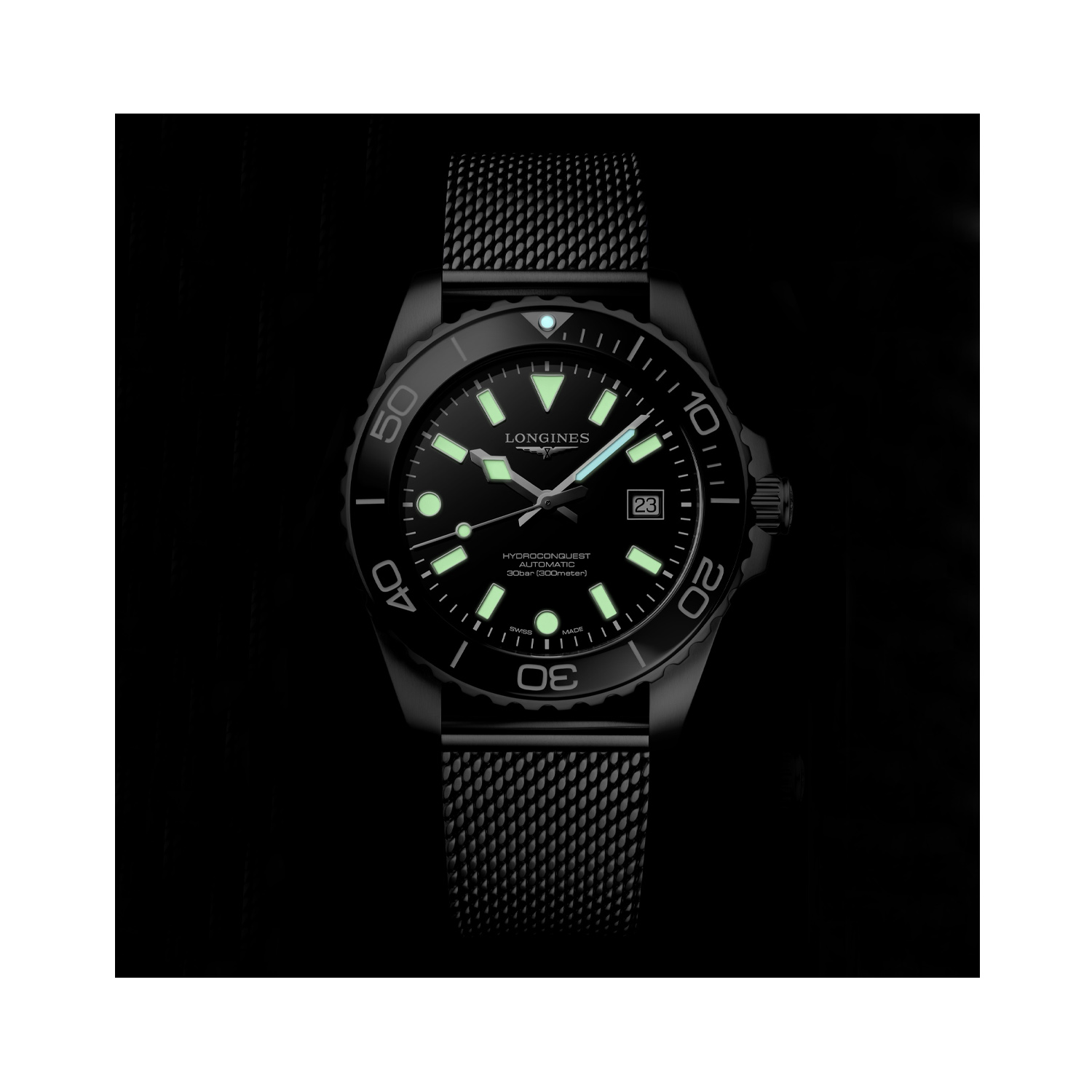 Longines, HydroConquest Black Dial & Slate Grey Bezel, Automatic Men's Watch Longines, HydroConquest with a 42mm stainless steel case and bracelet strap featuring a date function and a black dial with a slate grey bezel.