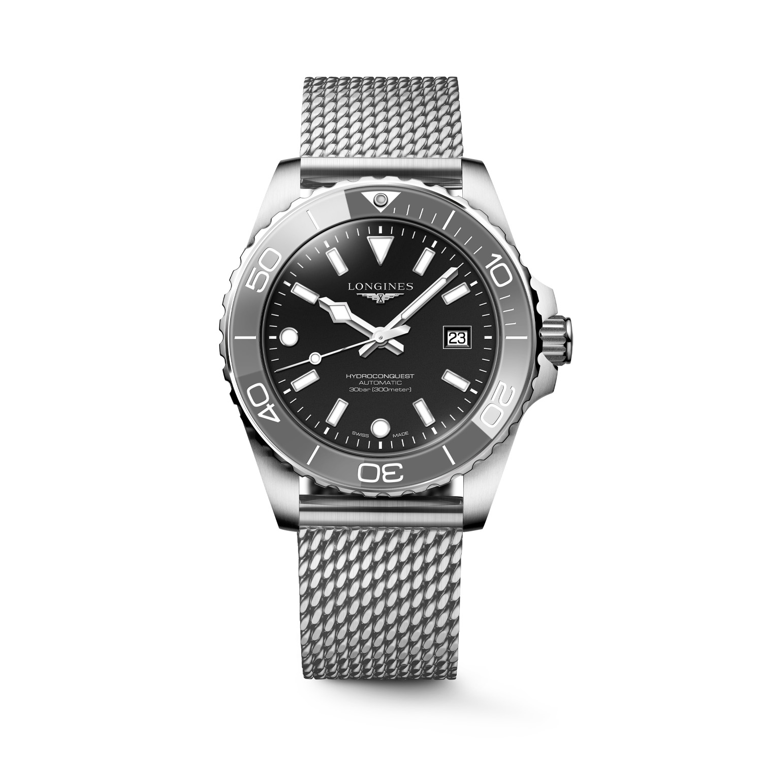 Longines, HydroConquest Black Dial & Slate Grey Bezel, Automatic Men's Watch Longines, HydroConquest with a 42mm stainless steel case and bracelet strap featuring a date function and a black dial with a slate grey bezel.
