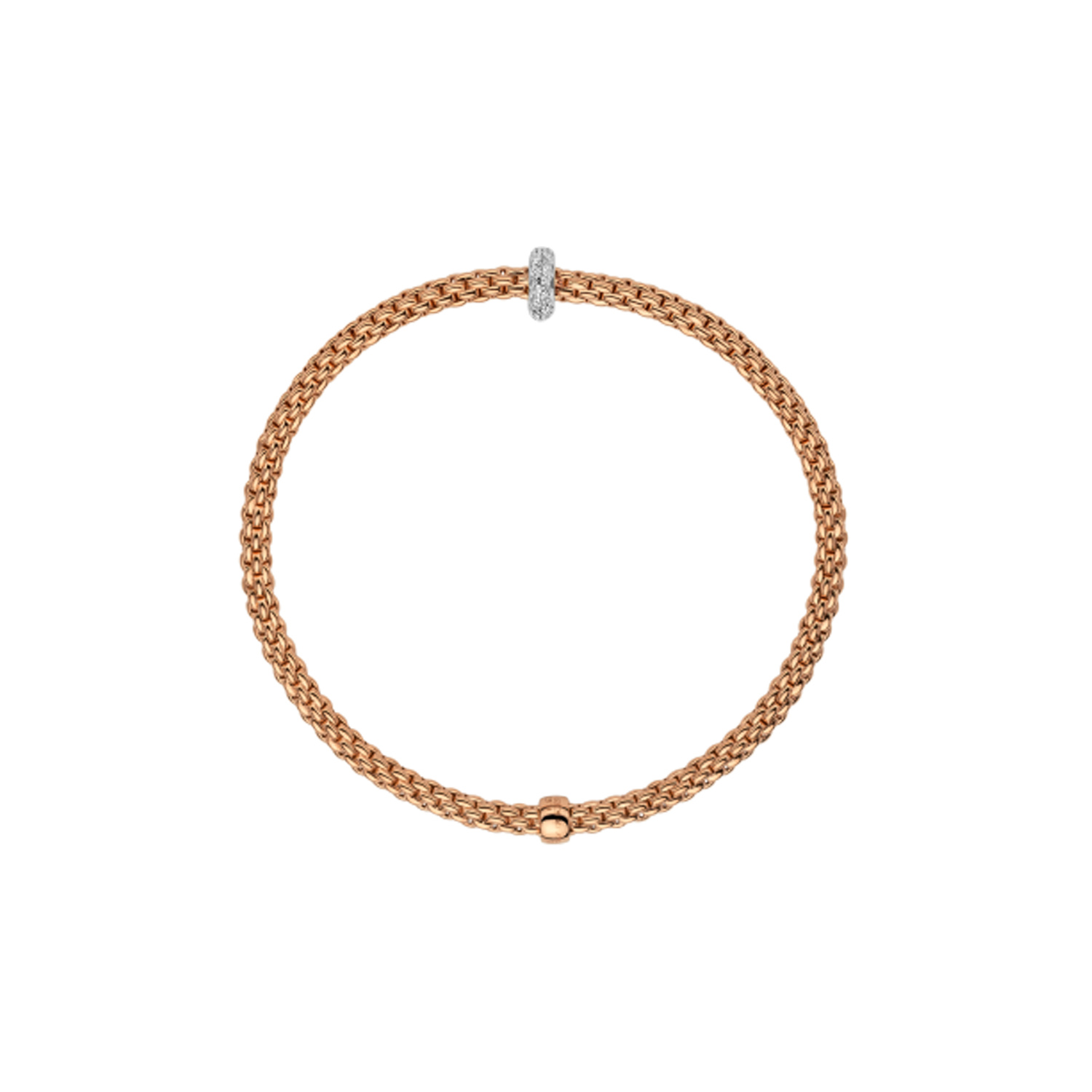 An 18ct rose and white gold Flex'It bracelet with a single 18ct white gold diamond set rondel belonging to the FOPE Prima collection.