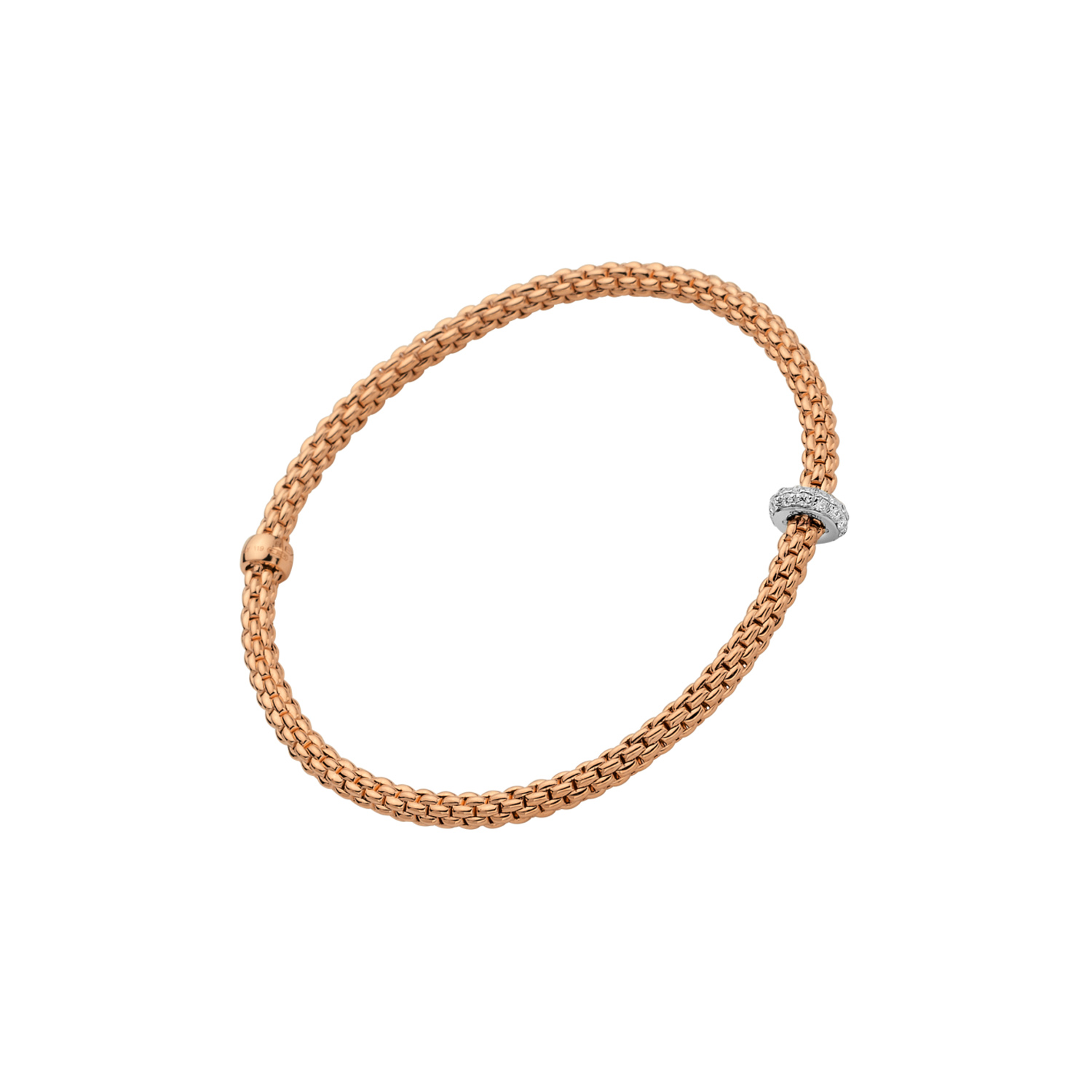 An 18ct rose and white gold Flex'It bracelet with a single 18ct white gold diamond set rondel belonging to the FOPE Prima collection.