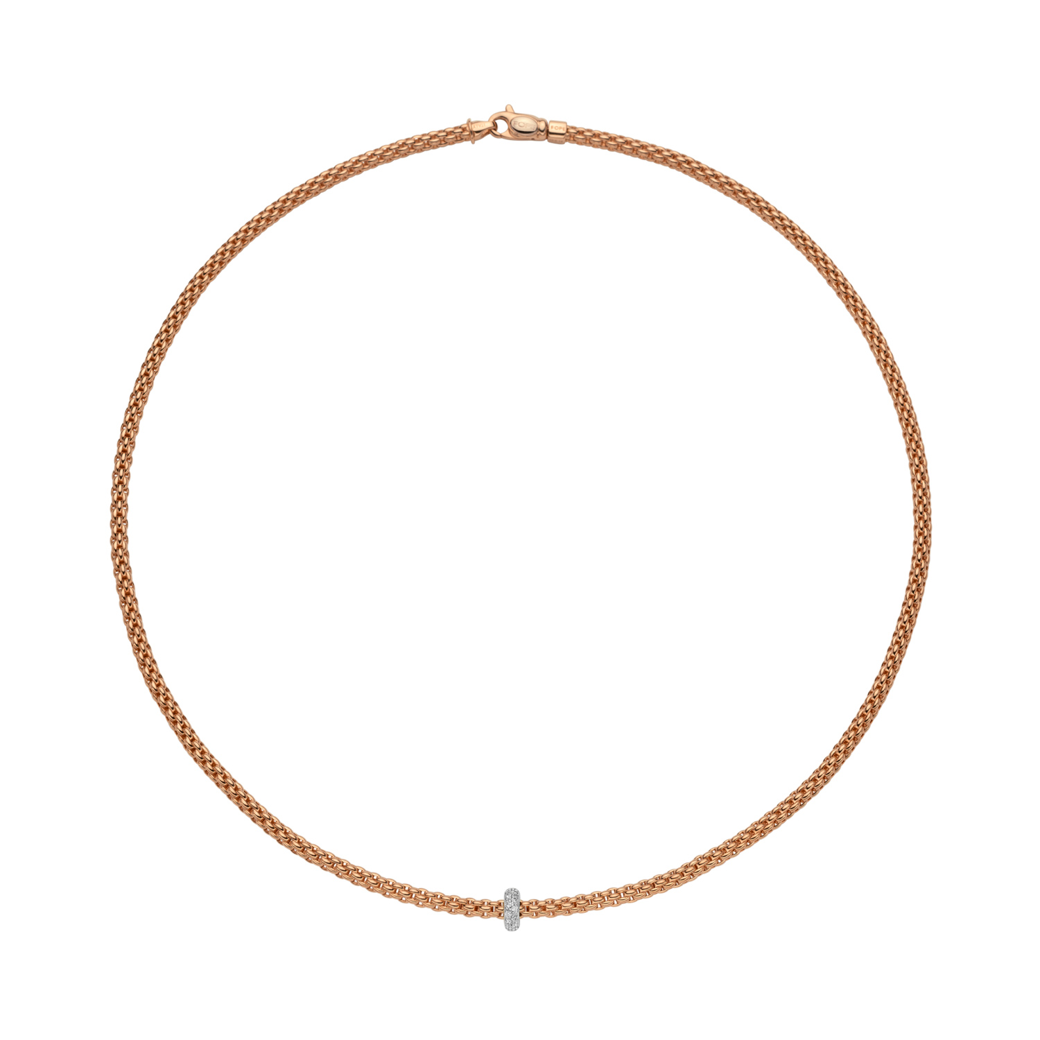 An 18ct rose gold Flex'It necklace with a single white gold diamond set rondel, belonging to the FOPE Prima collection.