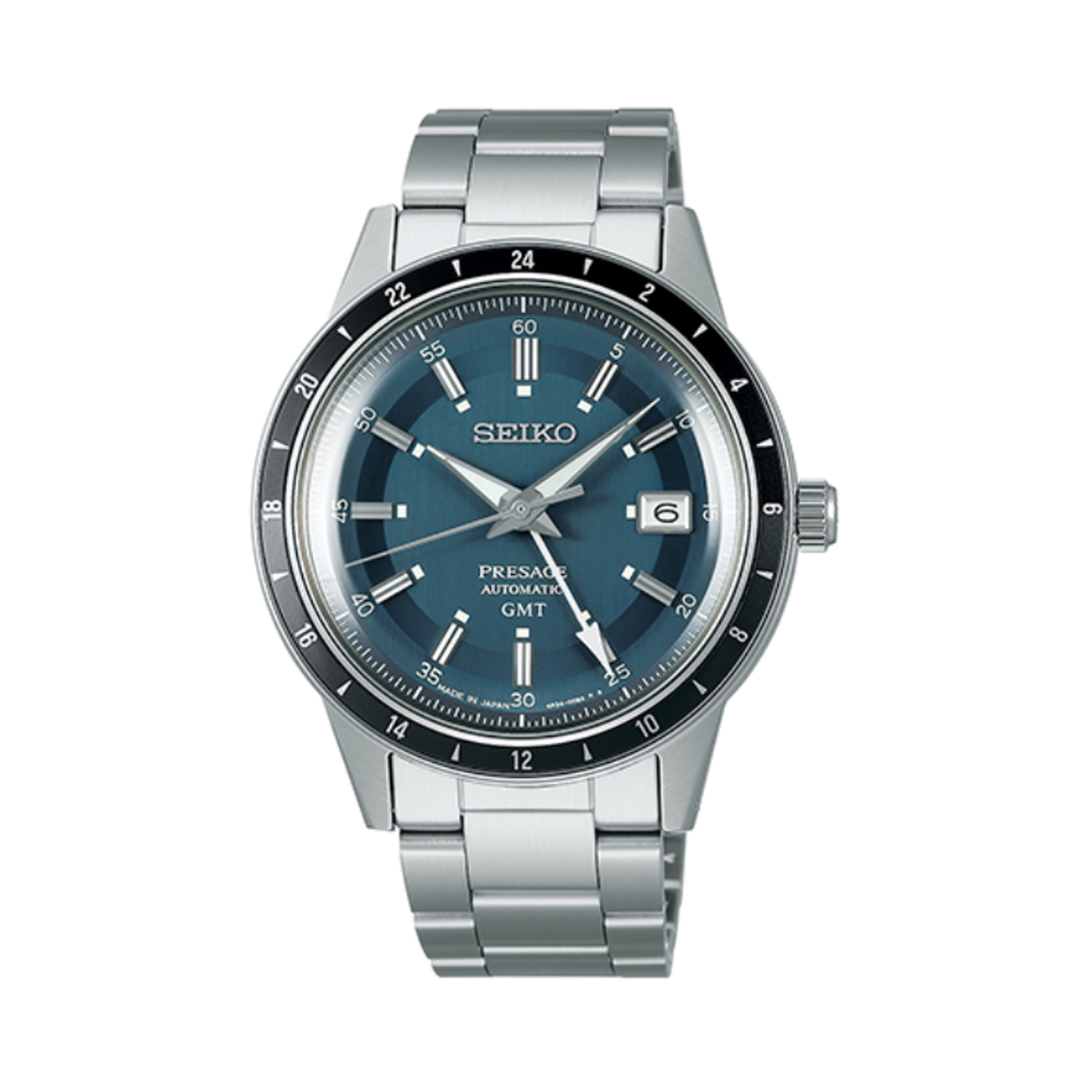 Seiko, Presage, 'Petrol Blue' Style 60s Road Trip, Automatic, GMT Men's Watch Seiko, Presage 'Petrol Blue' Style 60s Road Trip with a 40.7mm stainless steel case and bracelet strap featuring a date and GMT function, blue dial and a black bezel.